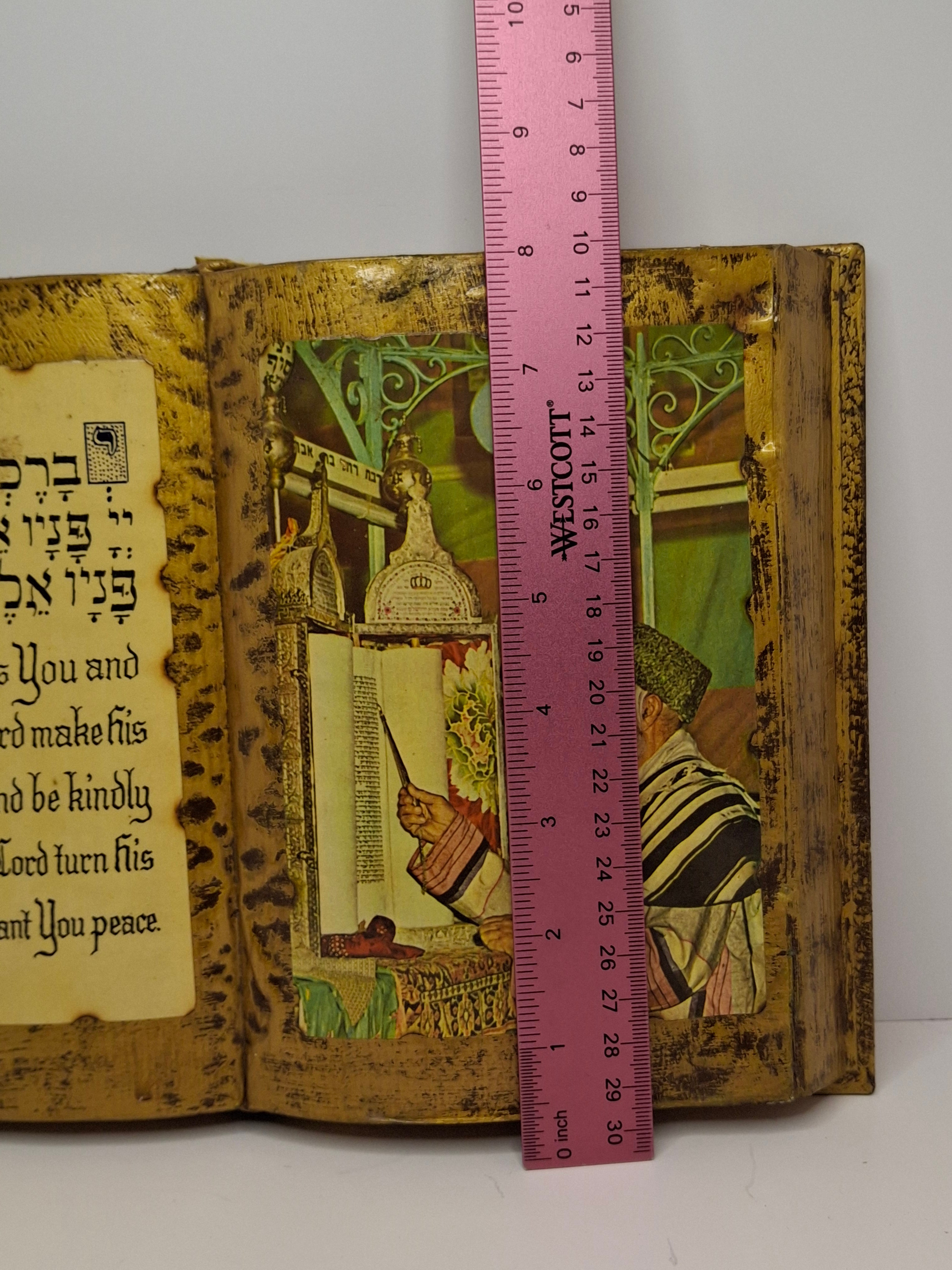 Vintage 1960s-80s Handmade Sephardic Judaica Wall Art: Gilded Open Book with Priestly Blessing & Rabbi Torah Reading Illustration - Hebrew/English, 8x12" Hangable Decor