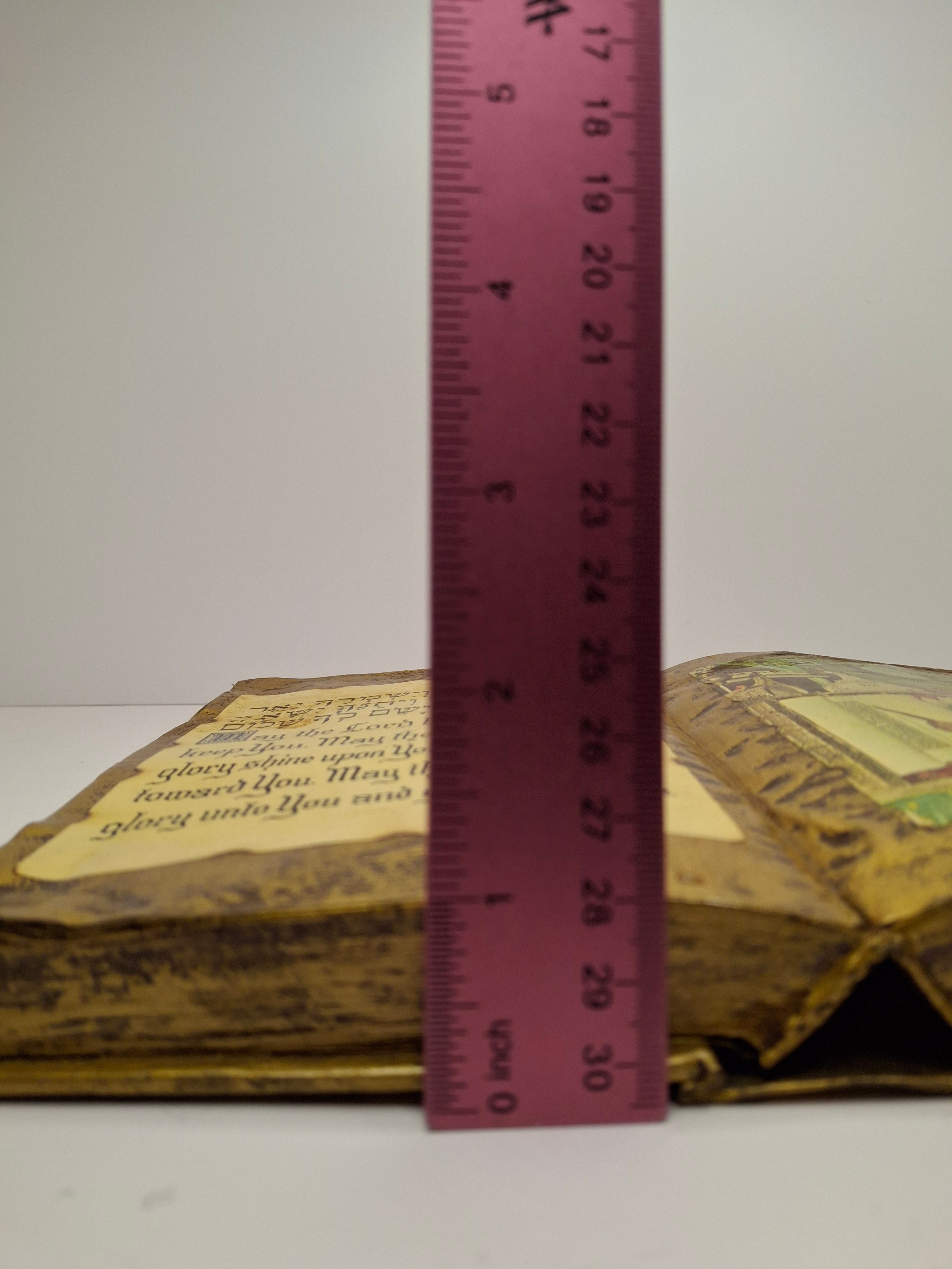 Vintage 1960s-80s Handmade Sephardic Judaica Wall Art: Gilded Open Book with Priestly Blessing & Rabbi Torah Reading Illustration - Hebrew/English, 8x12" Hangable Decor