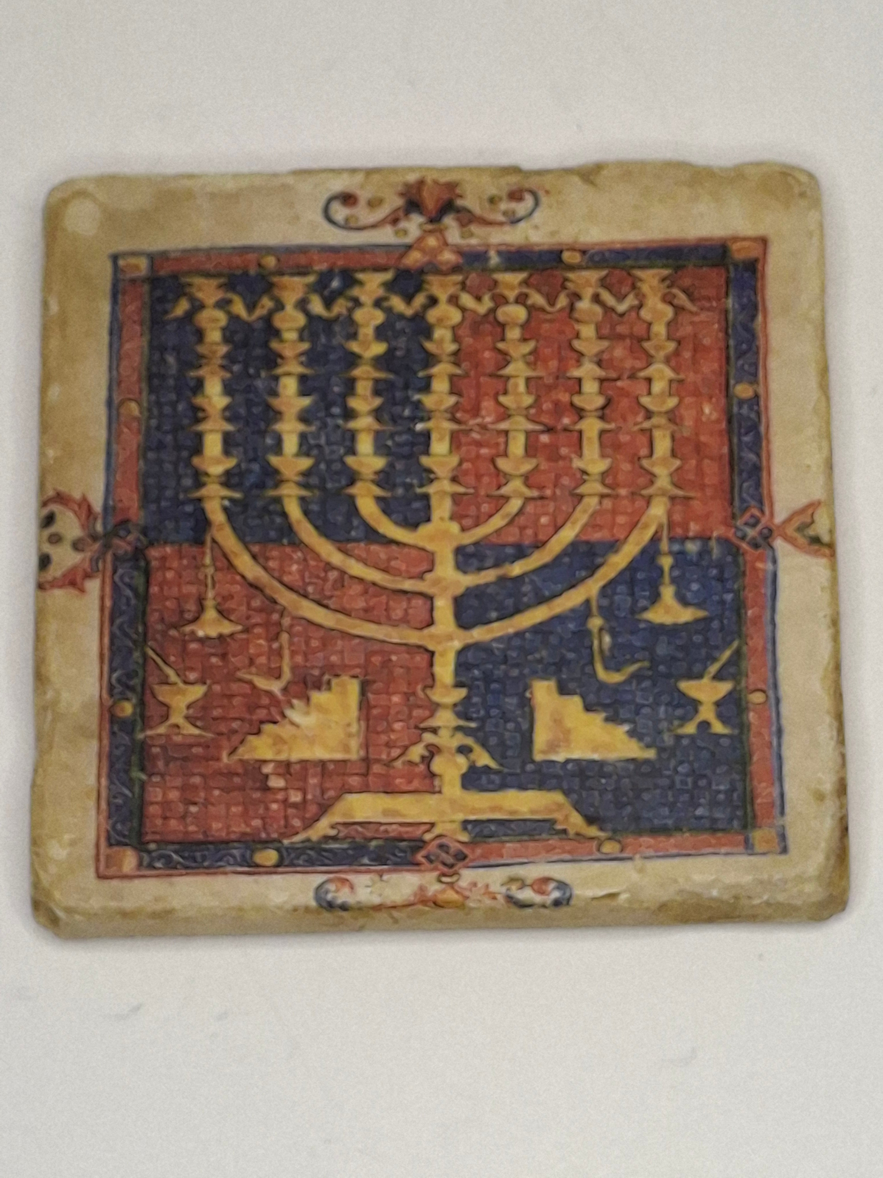 Vintage 1960s–70s Israeli Ceramic Tile – Jericho Synagogue Menorah Mosaic Shalom Al Yisrael