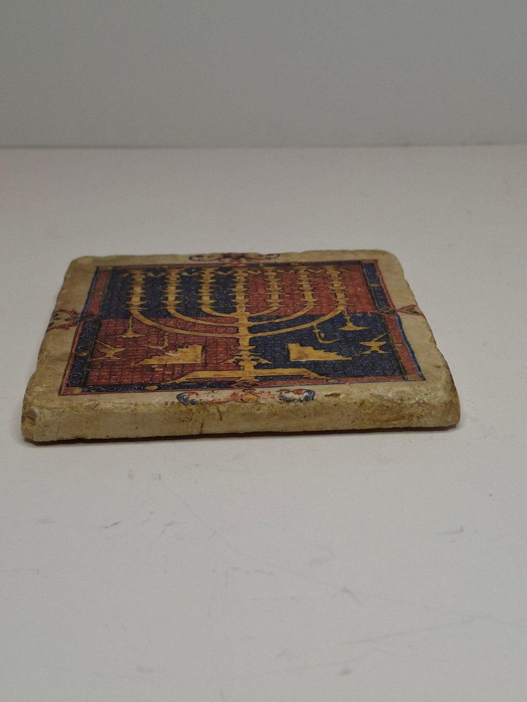 Vintage 1960s–70s Israeli Ceramic Tile – Jericho Synagogue Menorah Mosaic Shalom Al Yisrael