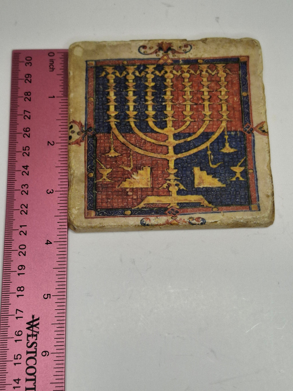Vintage 1960s–70s Israeli Ceramic Tile – Jericho Synagogue Menorah Mosaic Shalom Al Yisrael