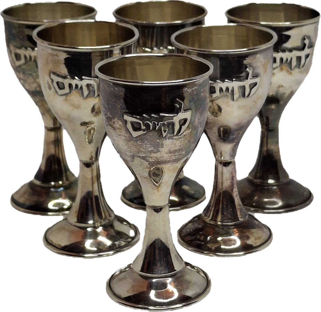 Set of 6 Vintage Mini Sterling Silver Kiddush Cups with Hebrew "L'Chaim" Inscription - 925 Marked, Total 75g