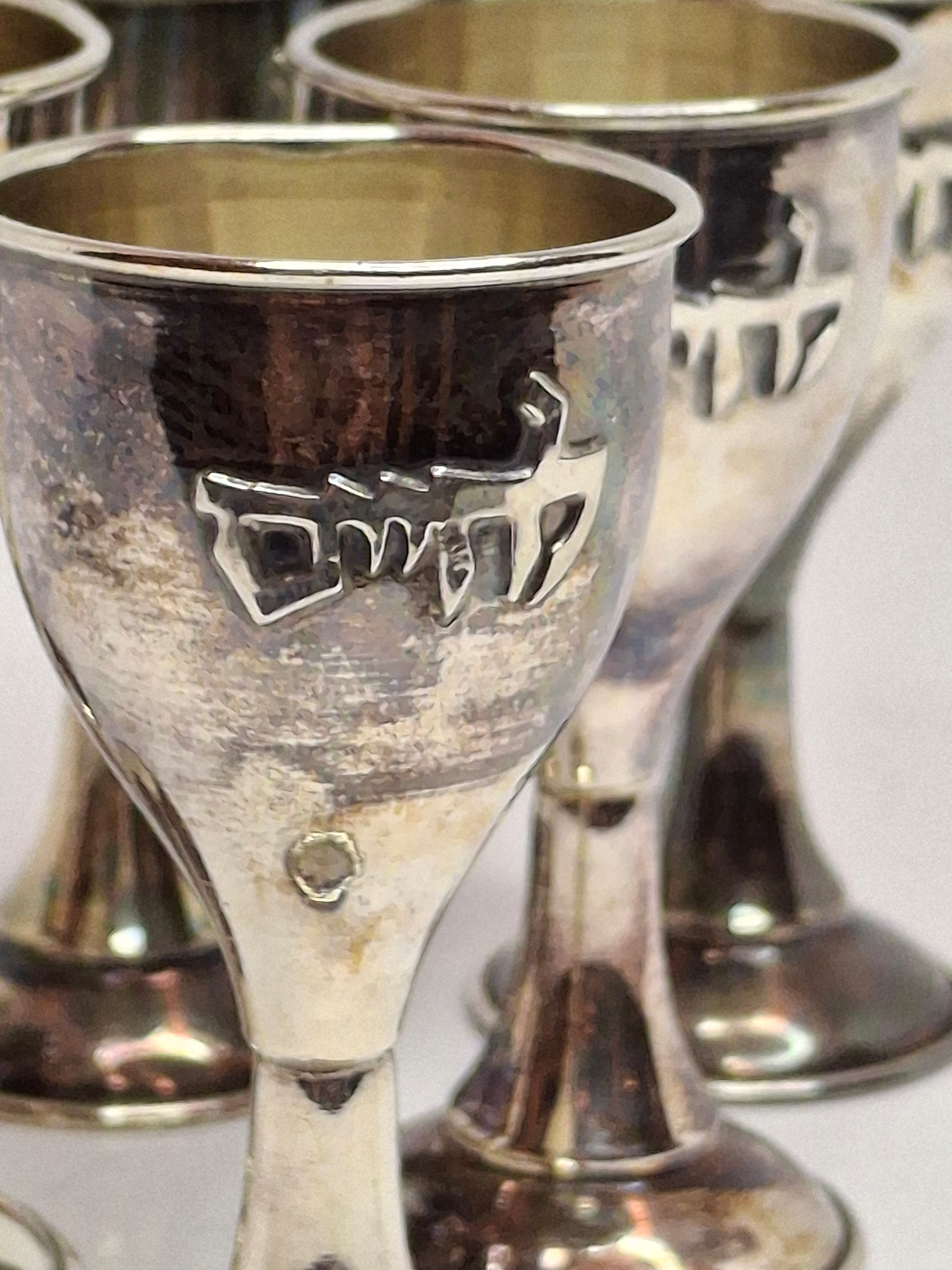 Set of 6 Vintage Mini Sterling Silver Kiddush Cups with Hebrew "L'Chaim" Inscription - 925 Marked, Total 75g