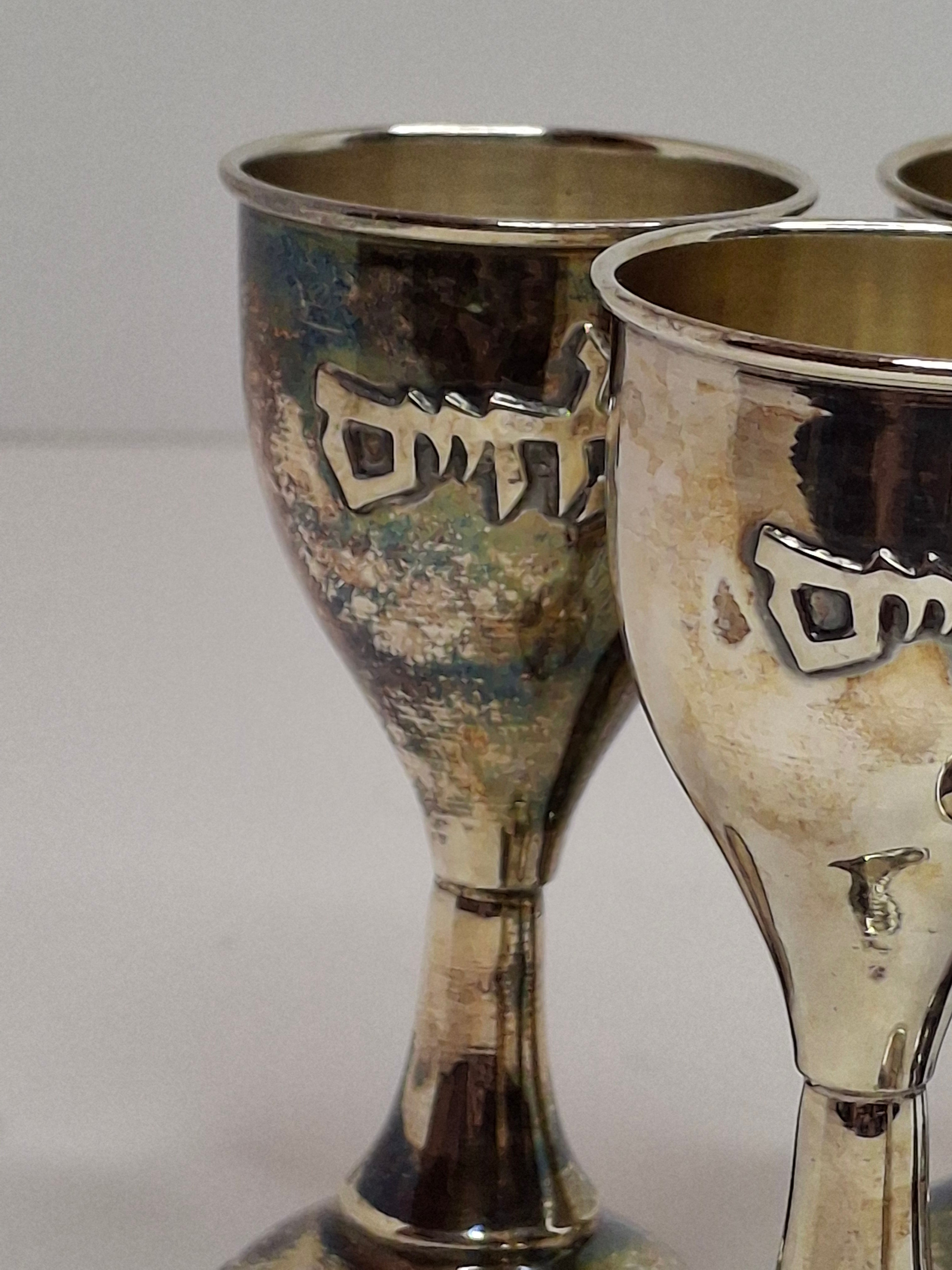 Set of 6 Vintage Mini Sterling Silver Kiddush Cups with Hebrew "L'Chaim" Inscription - 925 Marked, Total 75g