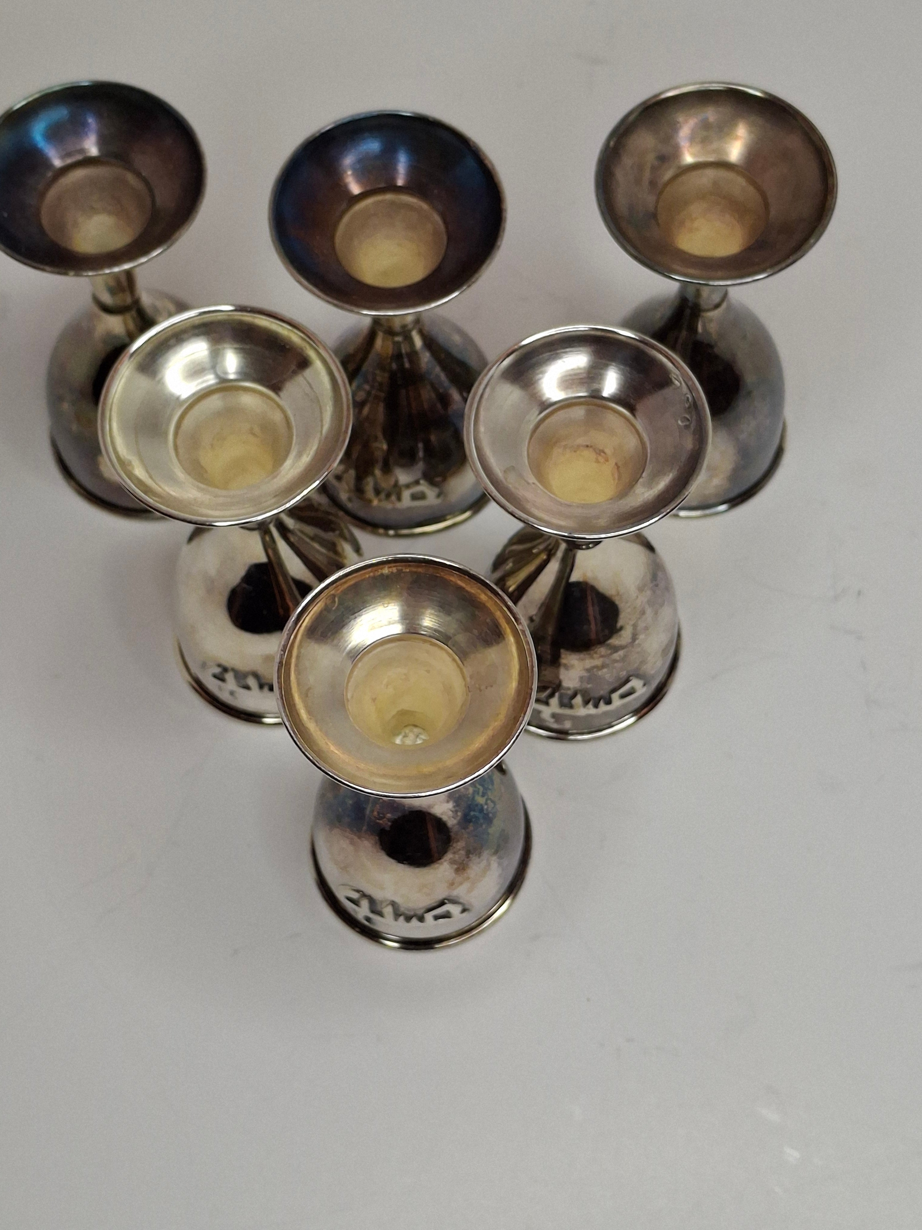 Set of 6 Vintage Mini Sterling Silver Kiddush Cups with Hebrew "L'Chaim" Inscription - 925 Marked, Total 75g
