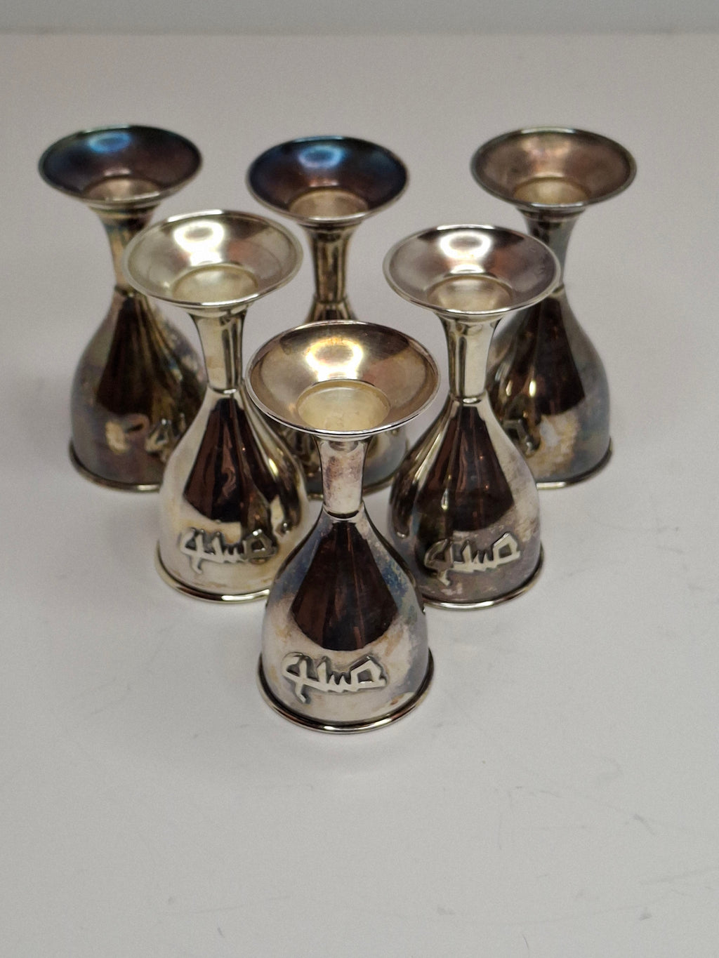 Set of 6 Vintage Mini Sterling Silver Kiddush Cups with Hebrew "L'Chaim" Inscription - 925 Marked, Total 75g