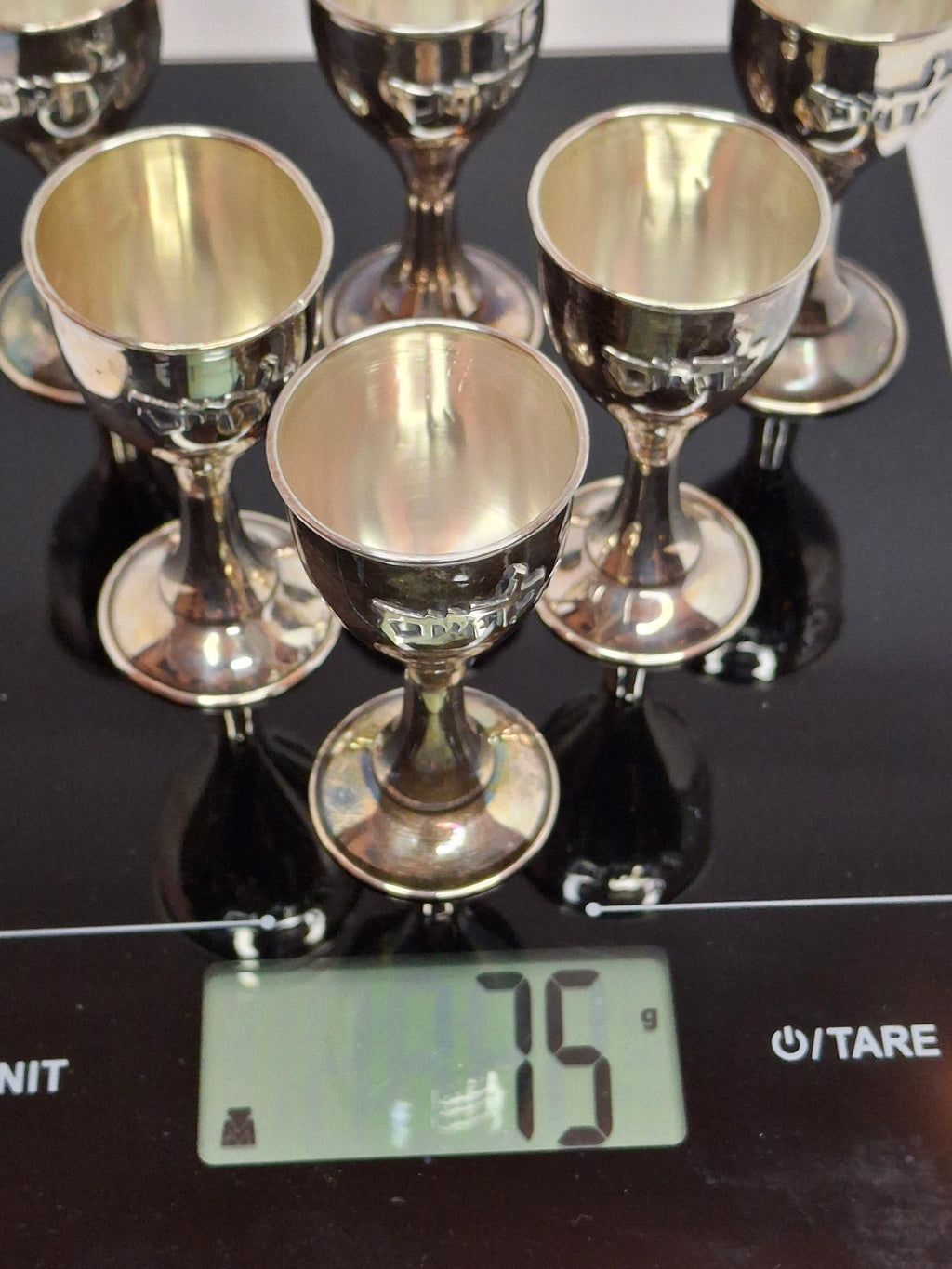 Set of 6 Vintage Mini Sterling Silver Kiddush Cups with Hebrew "L'Chaim" Inscription - 925 Marked, Total 75g