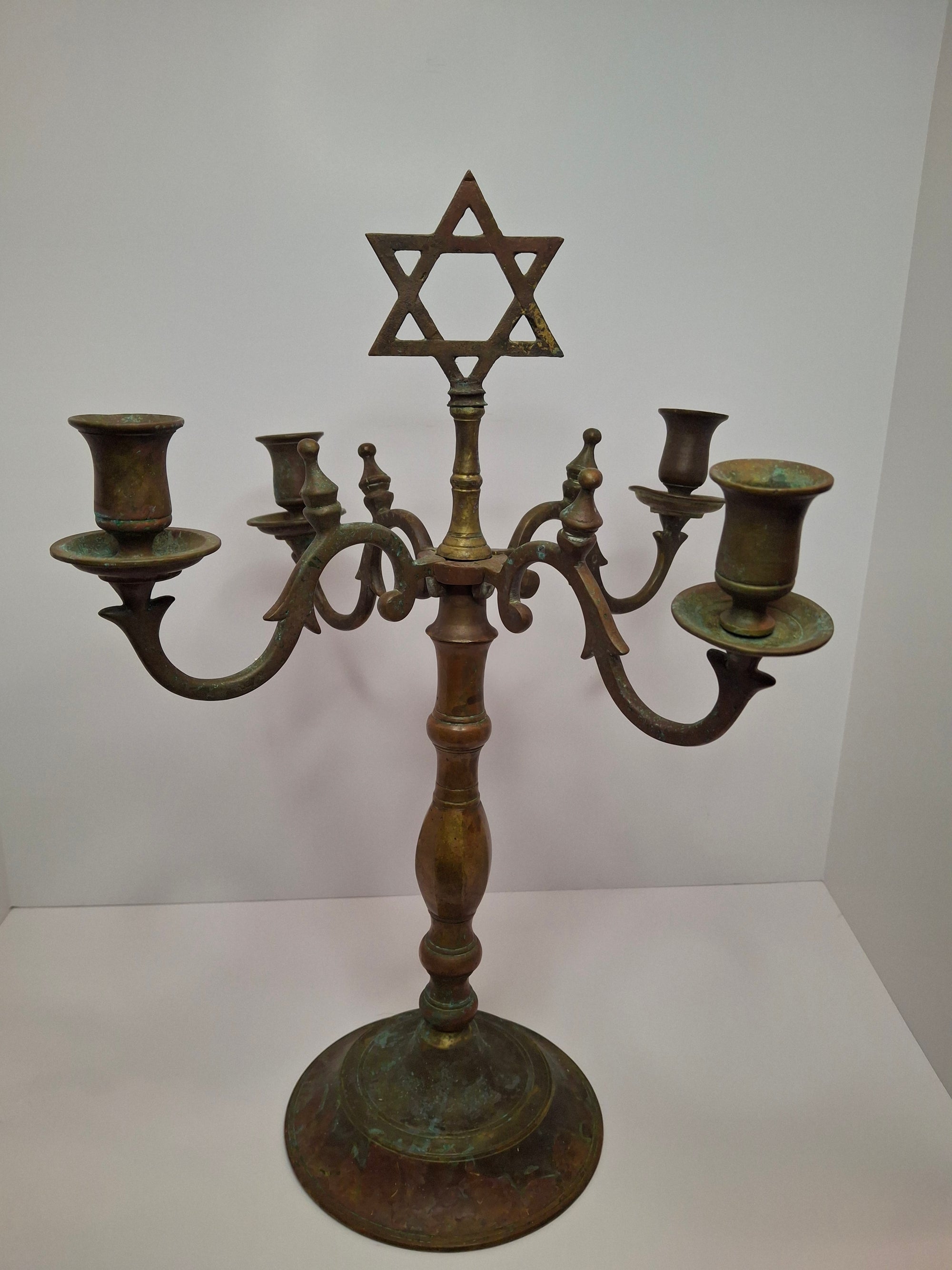Rare Antique 19th C. Polish Bronze Sabbath Candelabrum w/ Star of David & Detachable Arms – 19" Heavy Judaica Menorah