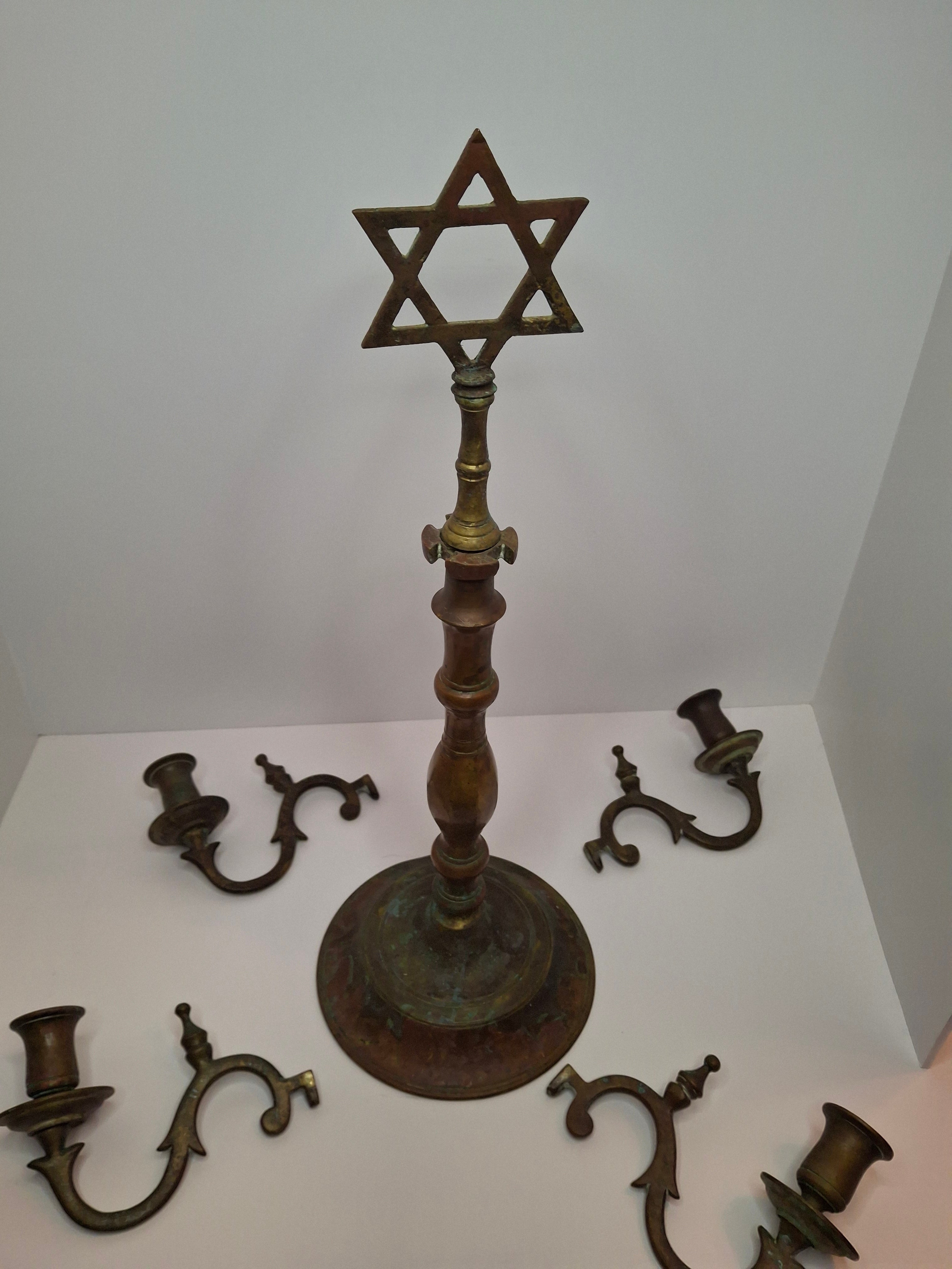 Rare Antique 19th C. Polish Bronze Sabbath Candelabrum w/ Star of David & Detachable Arms – 19" Heavy Judaica Menorah
