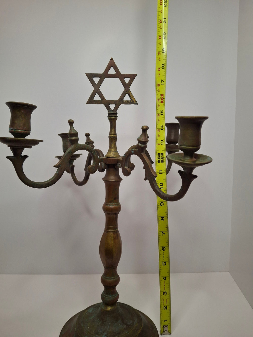 Rare Antique 19th C. Polish Bronze Sabbath Candelabrum w/ Star of David & Detachable Arms – 19" Heavy Judaica Menorah