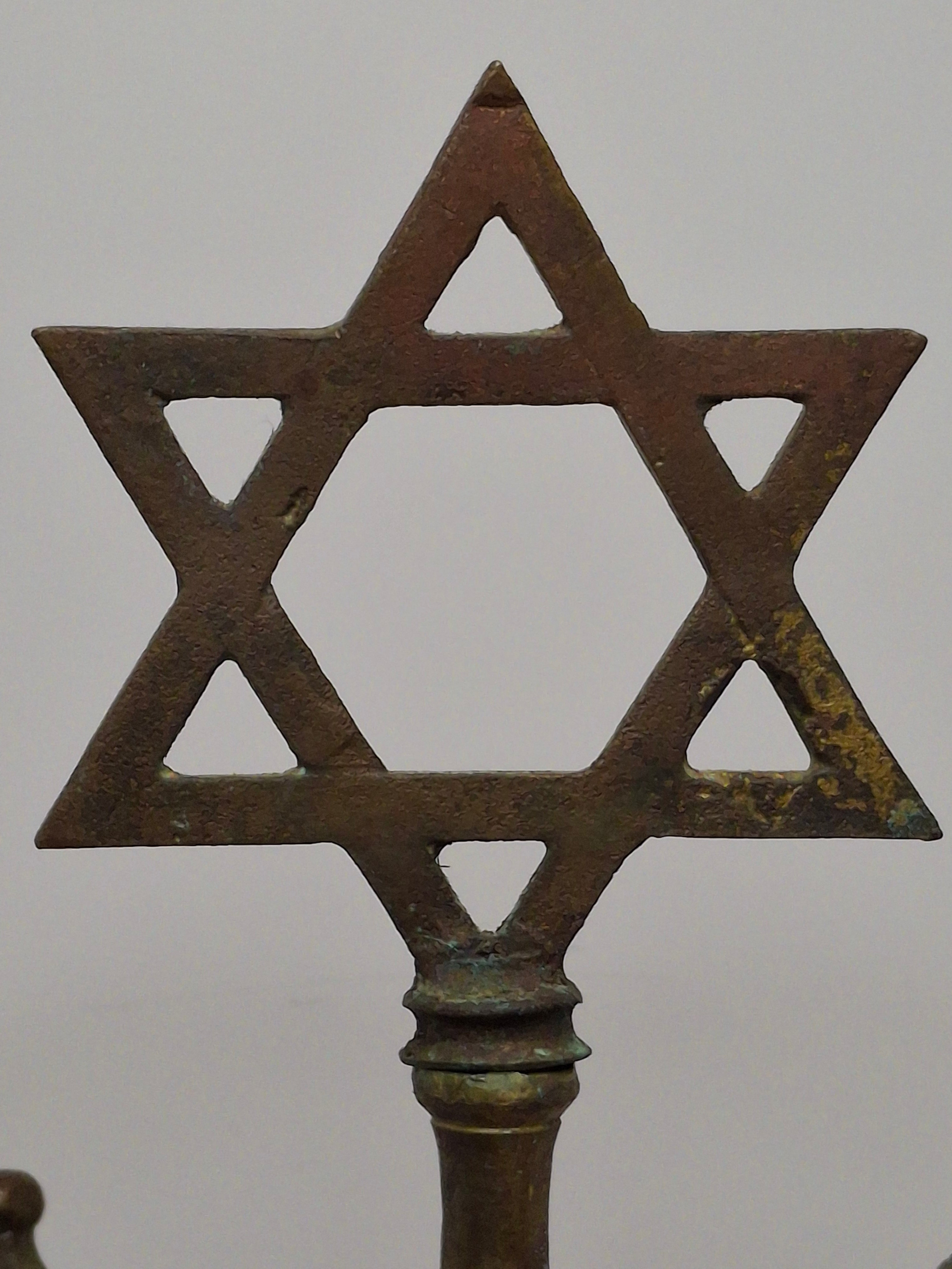 Rare Antique 19th C. Polish Bronze Sabbath Candelabrum w/ Star of David & Detachable Arms – 19" Heavy Judaica Menorah