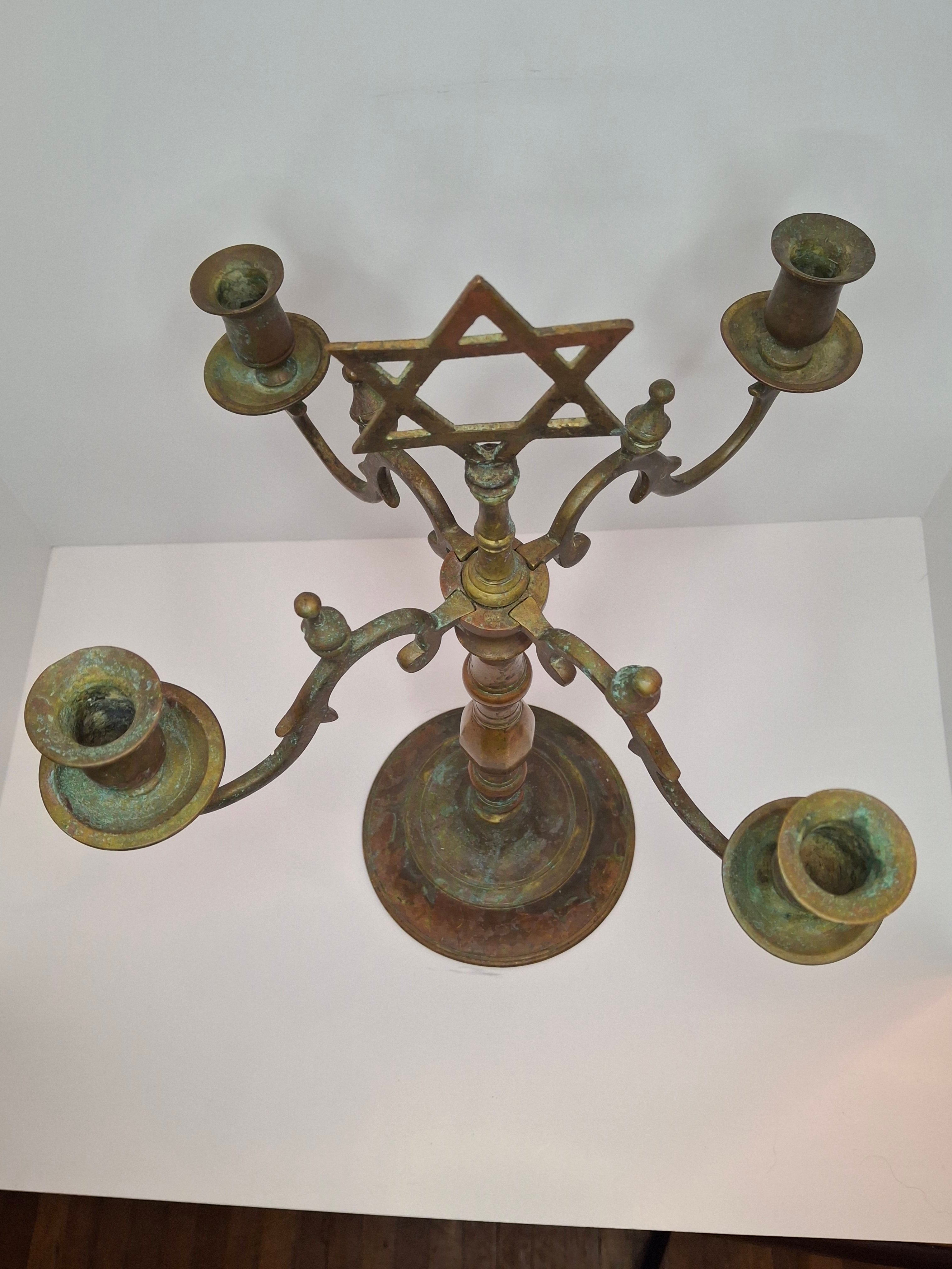 Rare Antique 19th C. Polish Bronze Sabbath Candelabrum w/ Star of David & Detachable Arms – 19" Heavy Judaica Menorah