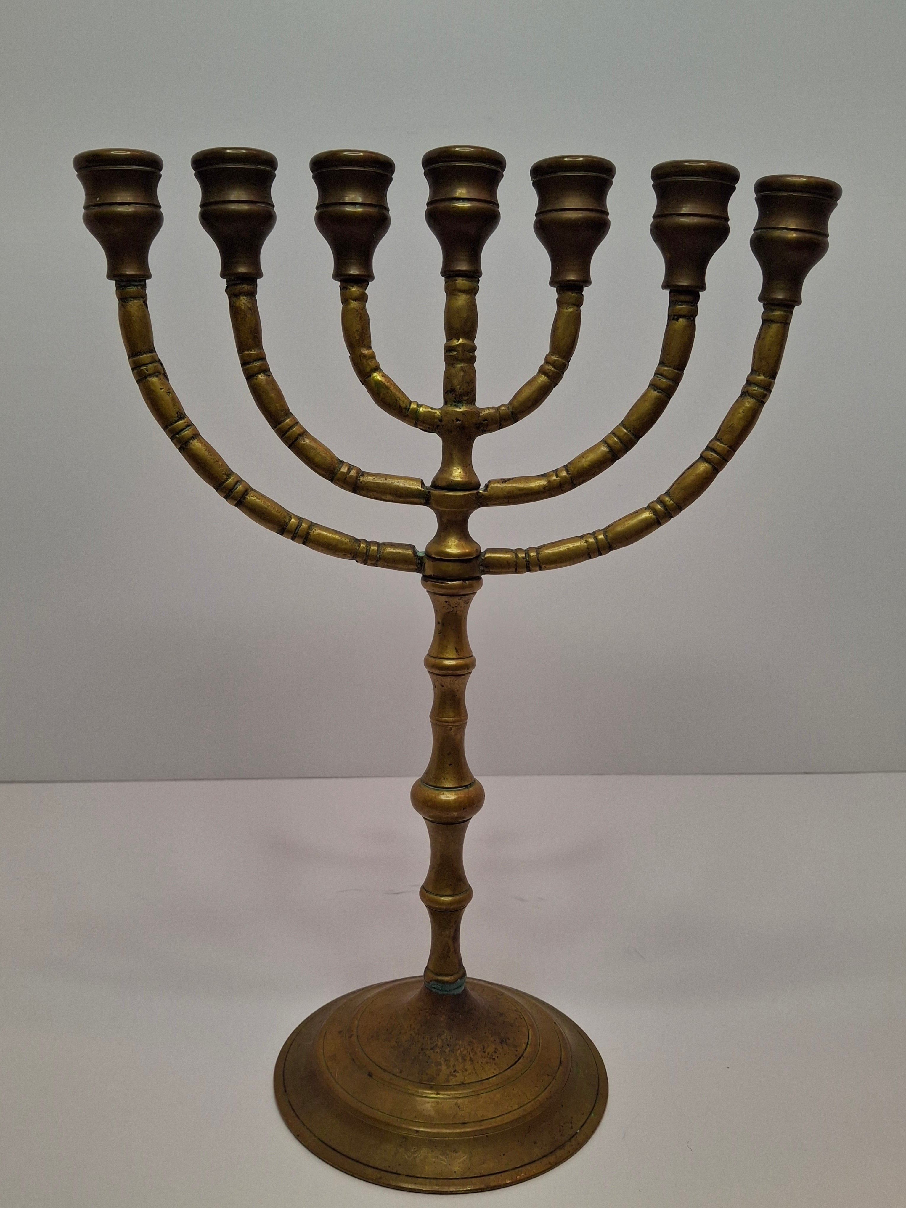 Matching Pair Vintage Brass Menorahs: 7-Branch Temple Judaica Set