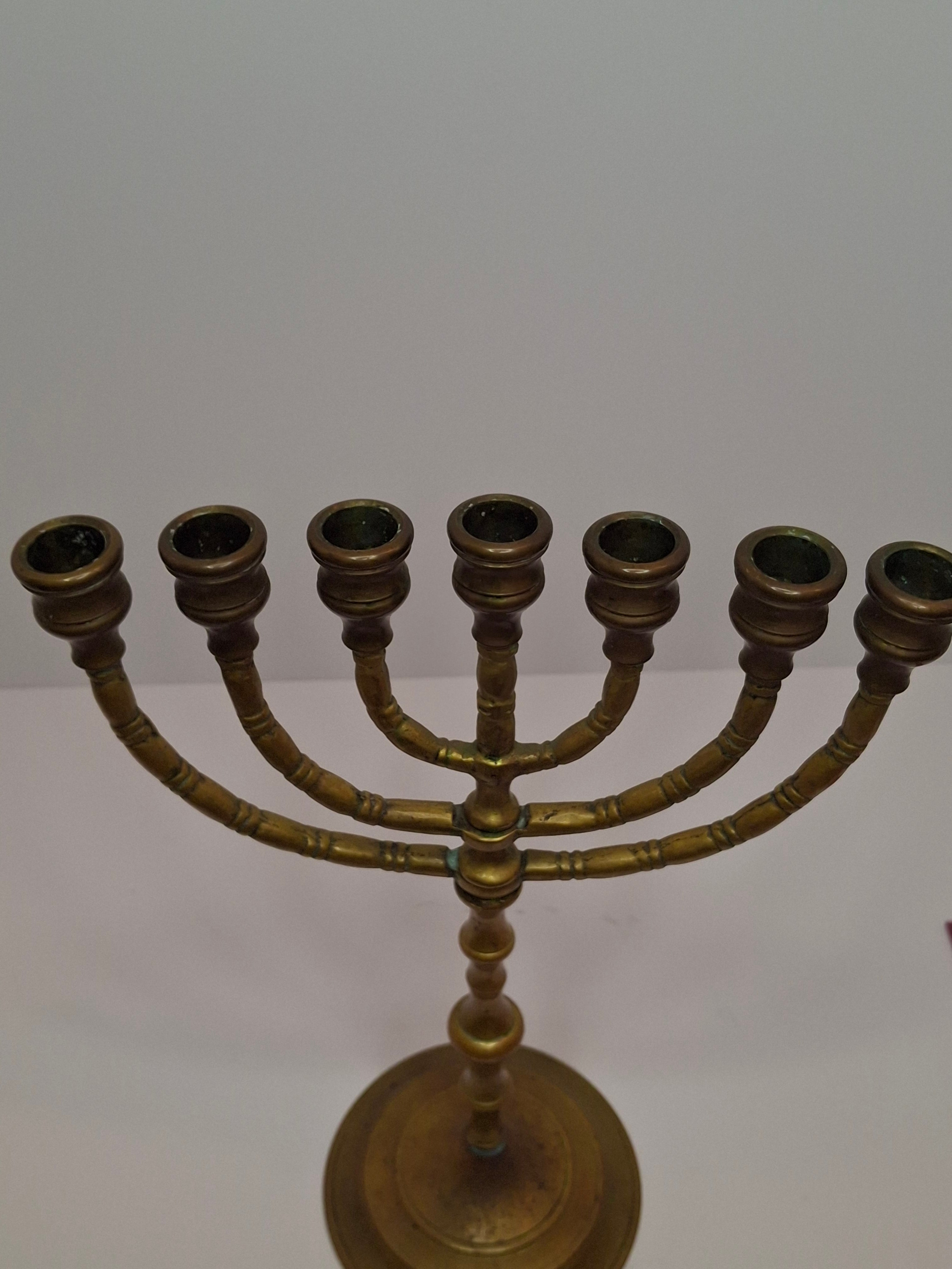 Matching Pair Vintage Brass Menorahs: 7-Branch Temple Judaica Set