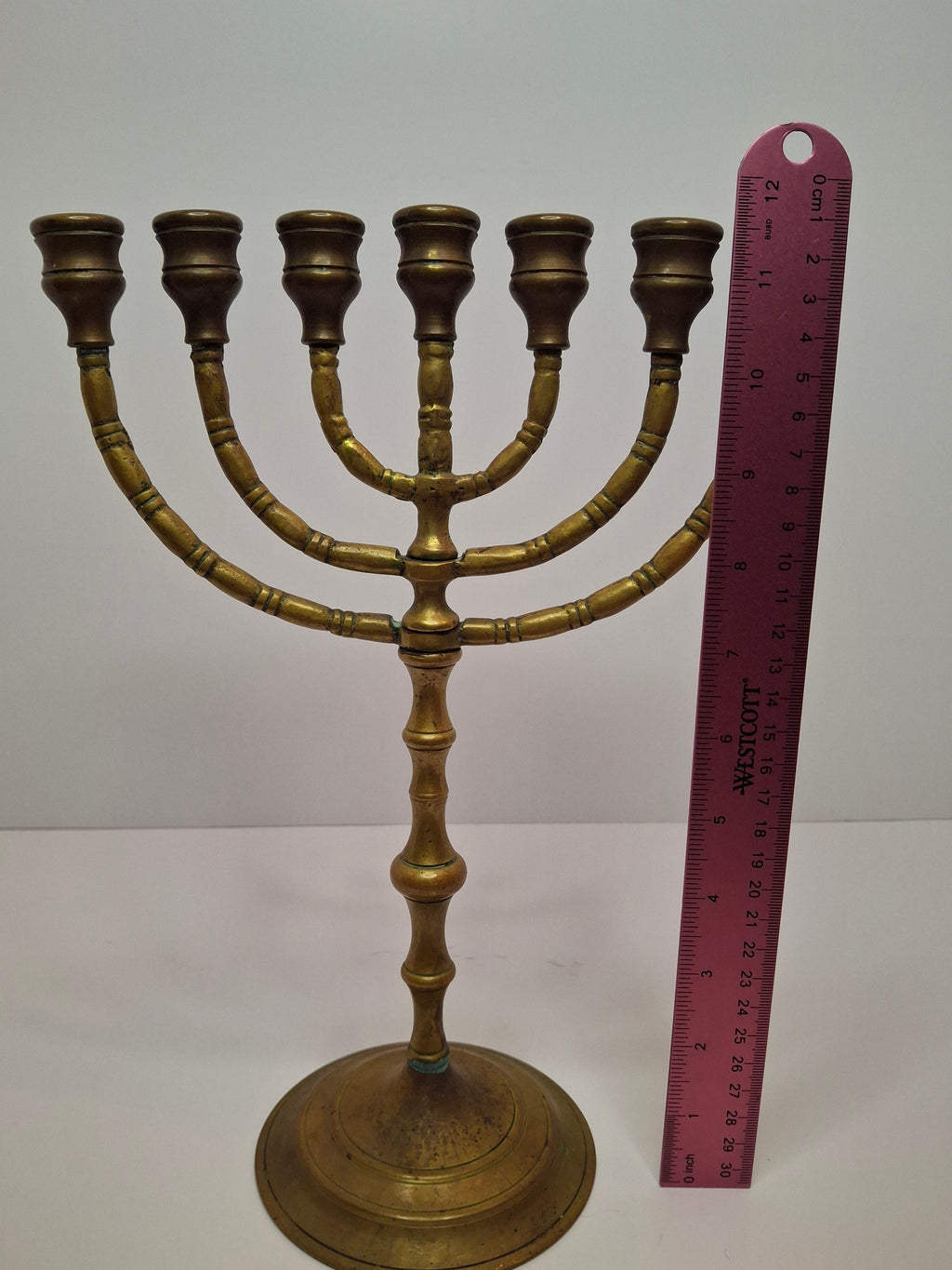 Matching Pair Vintage Brass Menorahs: 7-Branch Temple Judaica Set