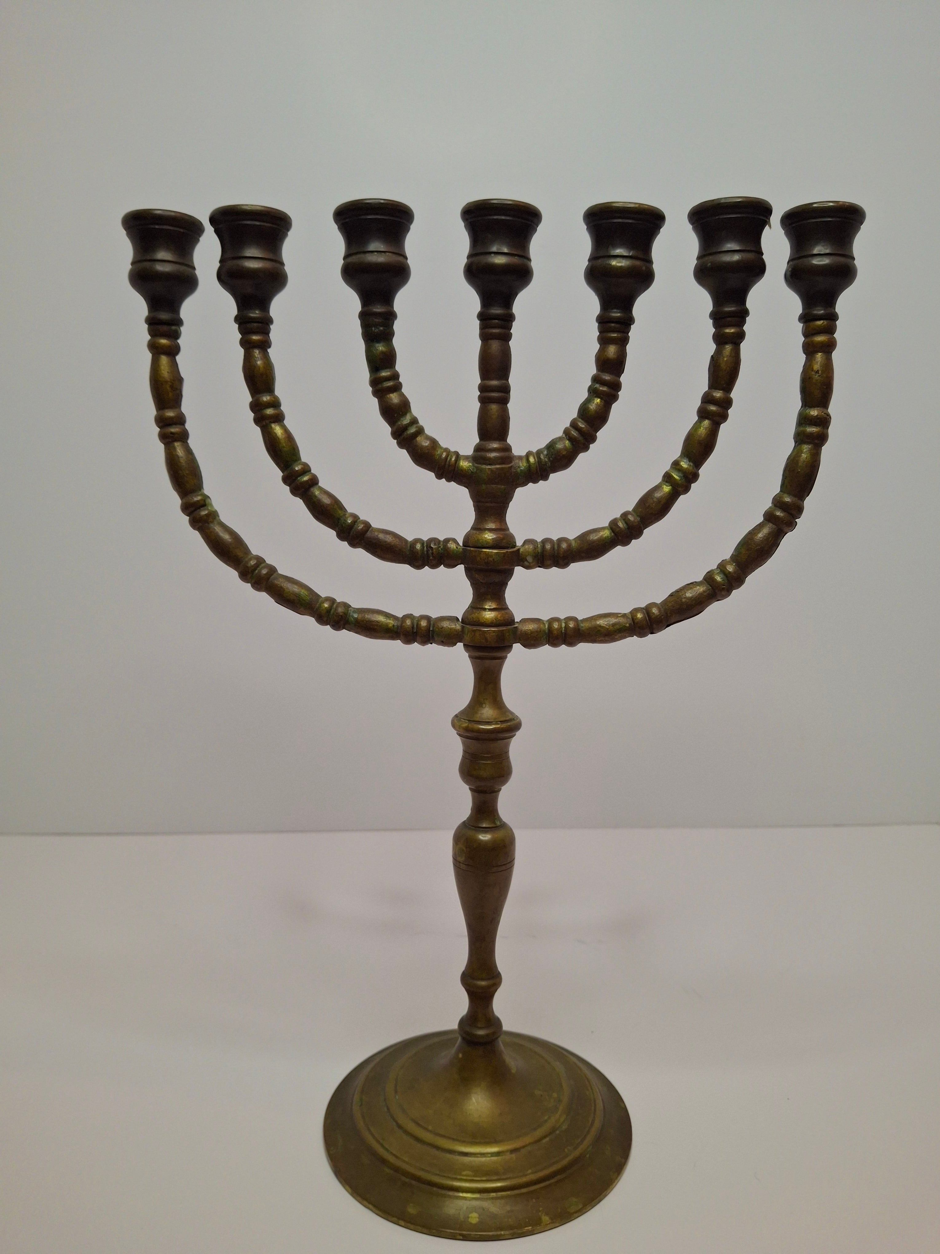 Matching Pair Vintage Brass Menorahs: 7-Branch Temple Judaica Set