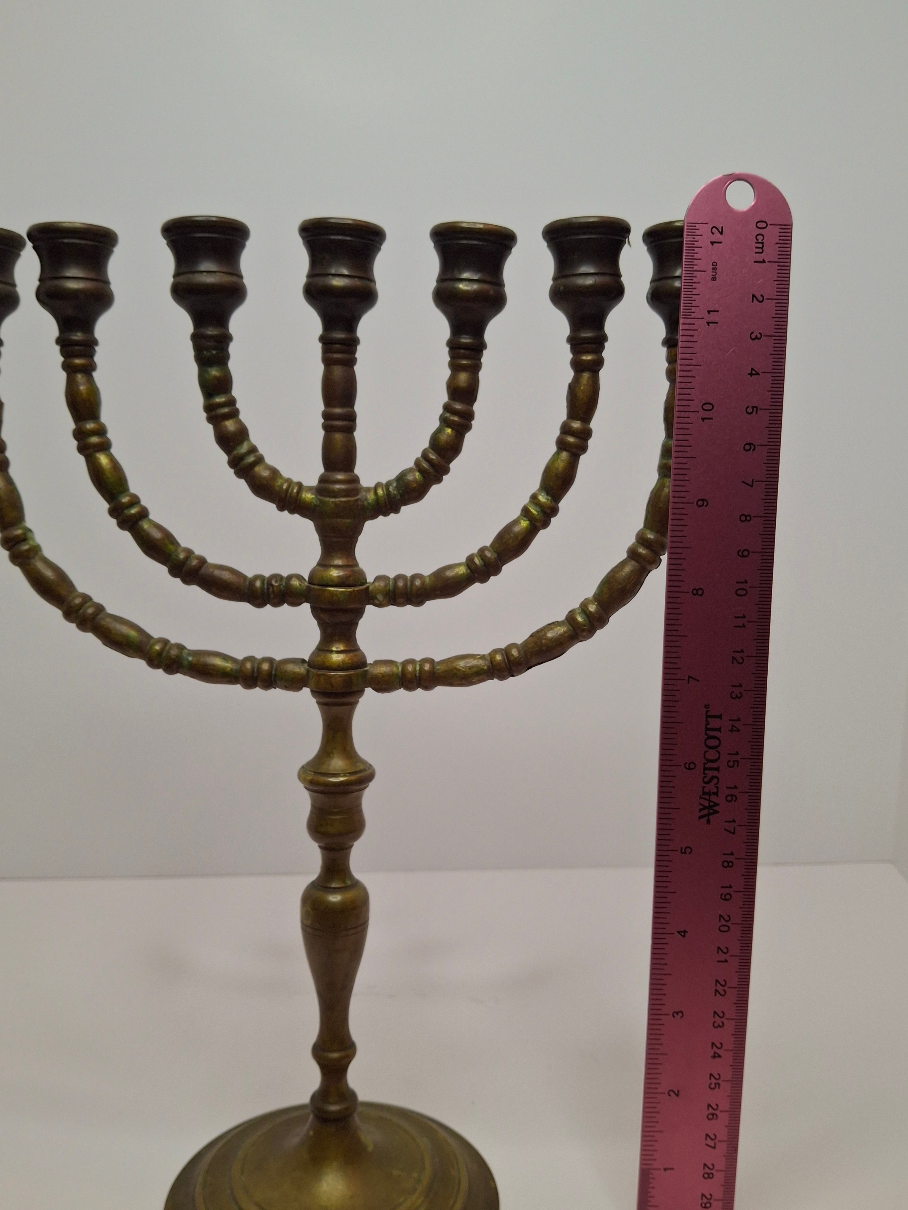 Matching Pair Vintage Brass Menorahs: 7-Branch Temple Judaica Set