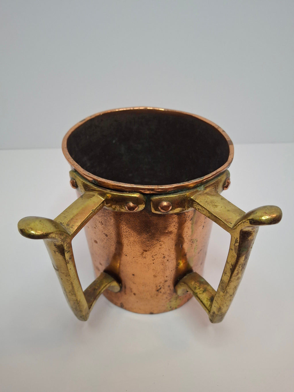 Antique 19th Century Eastern European Judaica Copper Netilat Yadayim Washing Cup with Rare Handle Style