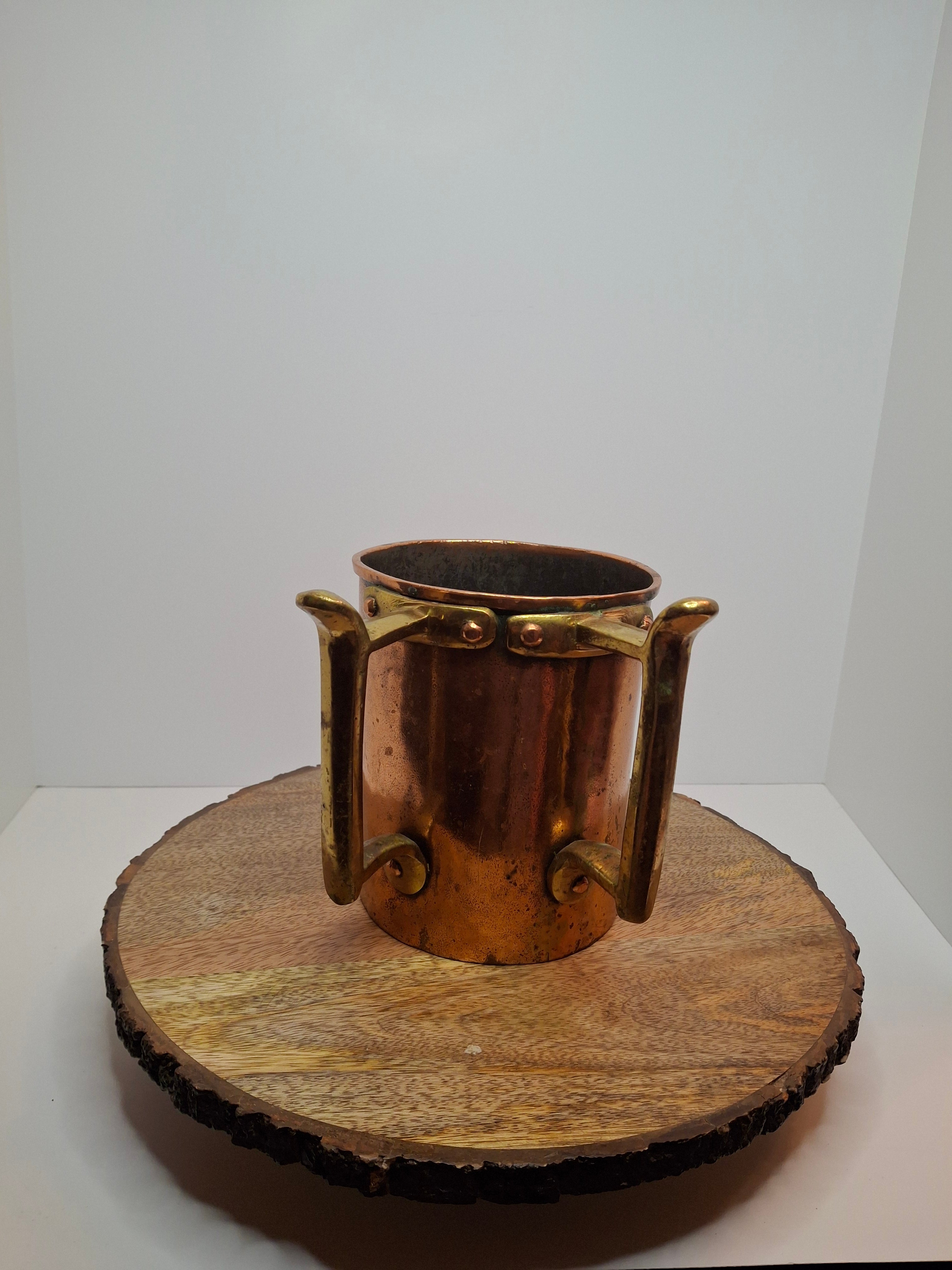 Antique 19th Century Eastern European Judaica Copper Netilat Yadayim Washing Cup with Rare Handle Style