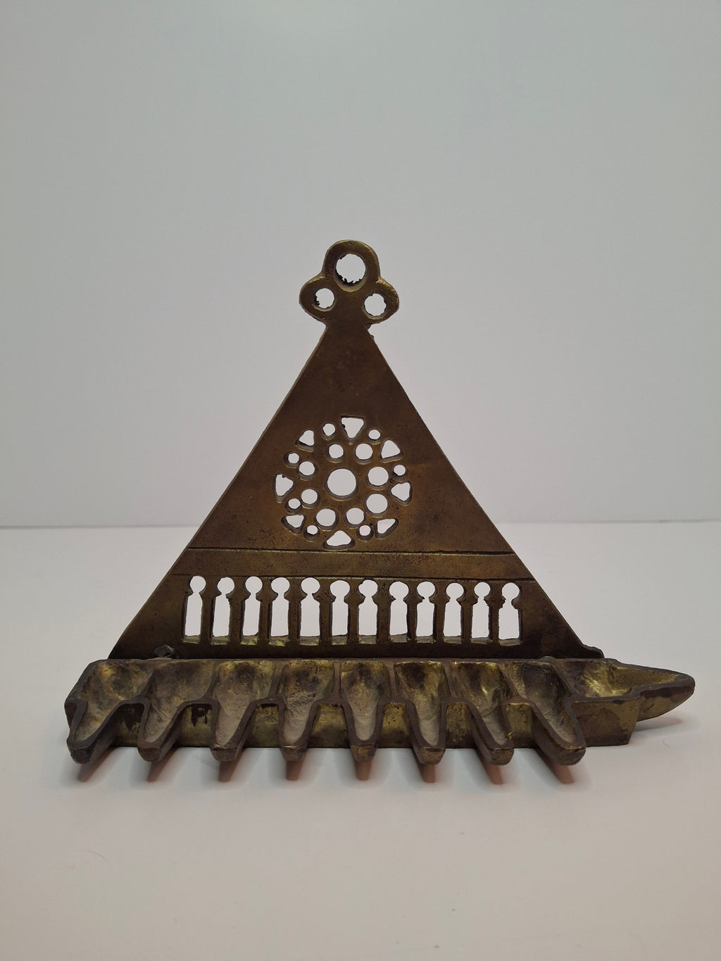 Antique North African Brass Hanging Hanukkah Oil Lamp Menorah Judaica Small and Heavy