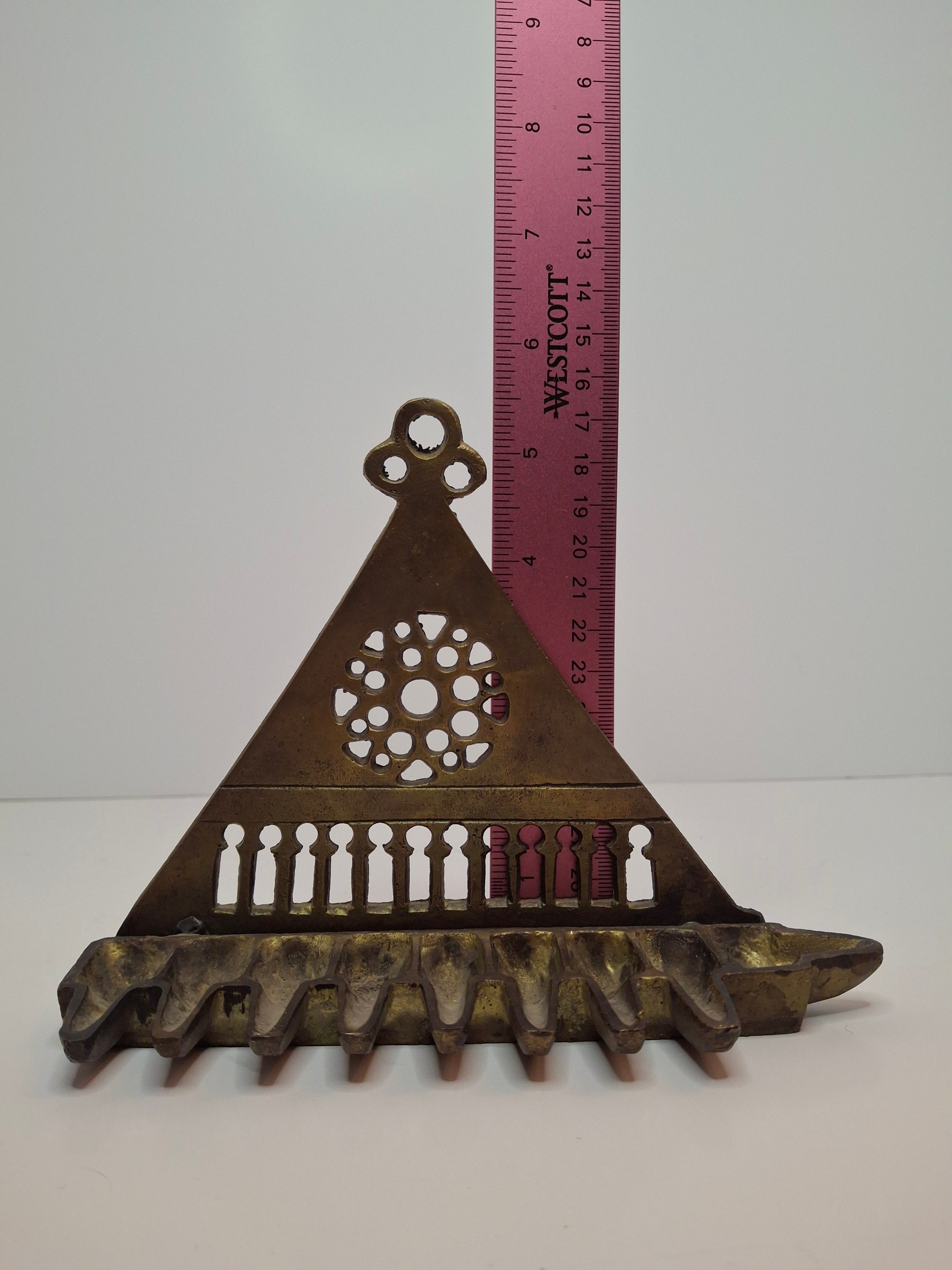 Antique North African Brass Hanging Hanukkah Oil Lamp Menorah Judaica Small and Heavy