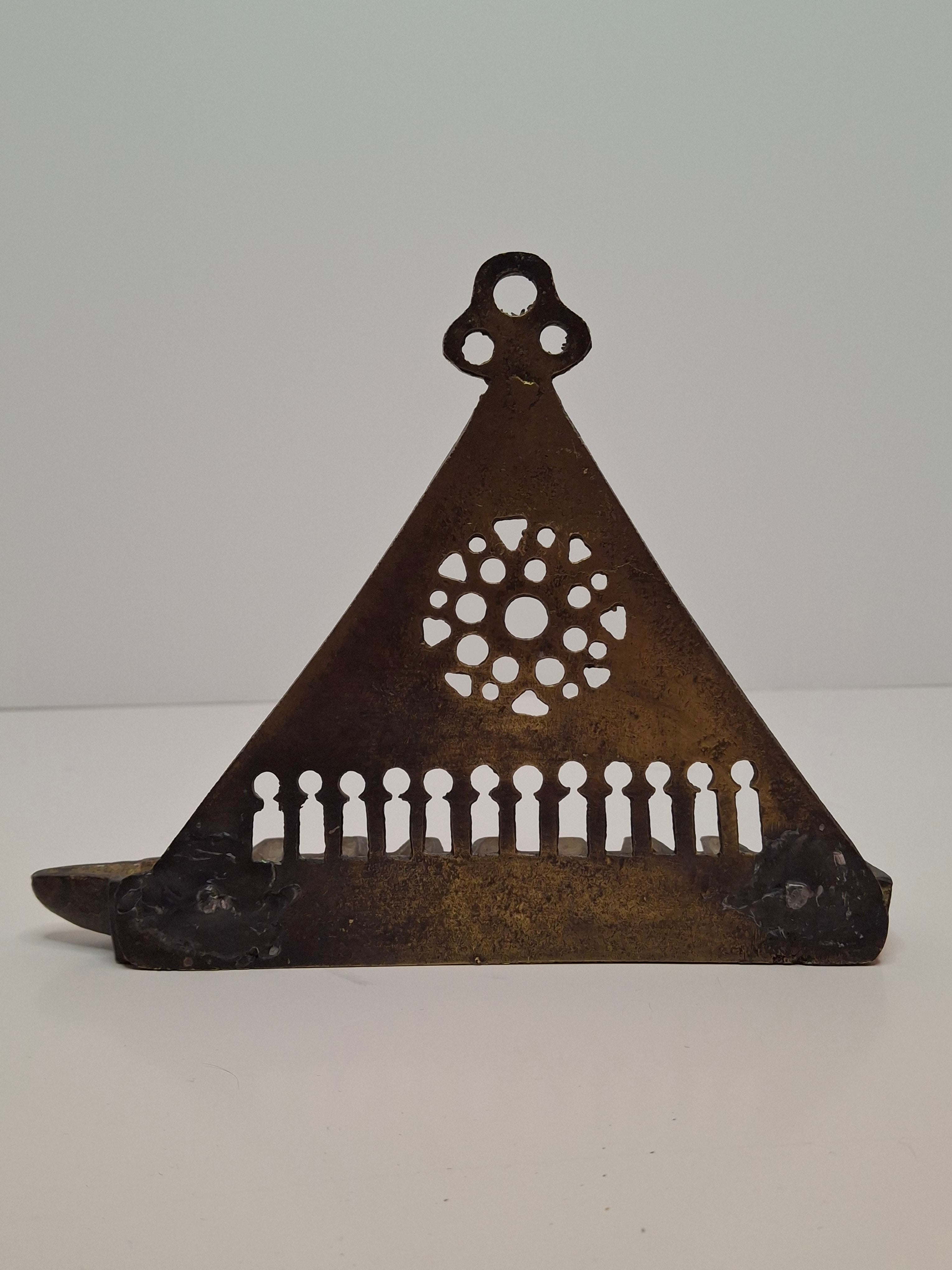 Antique North African Brass Hanging Hanukkah Oil Lamp Menorah Judaica Small and Heavy