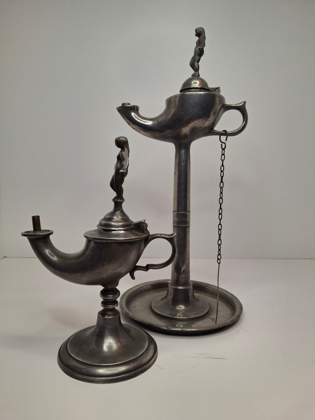 Lot of 2 - Antique 19th Century Pewter Whale Oil Fat Lamps with Figurine, Wick Pick - European
