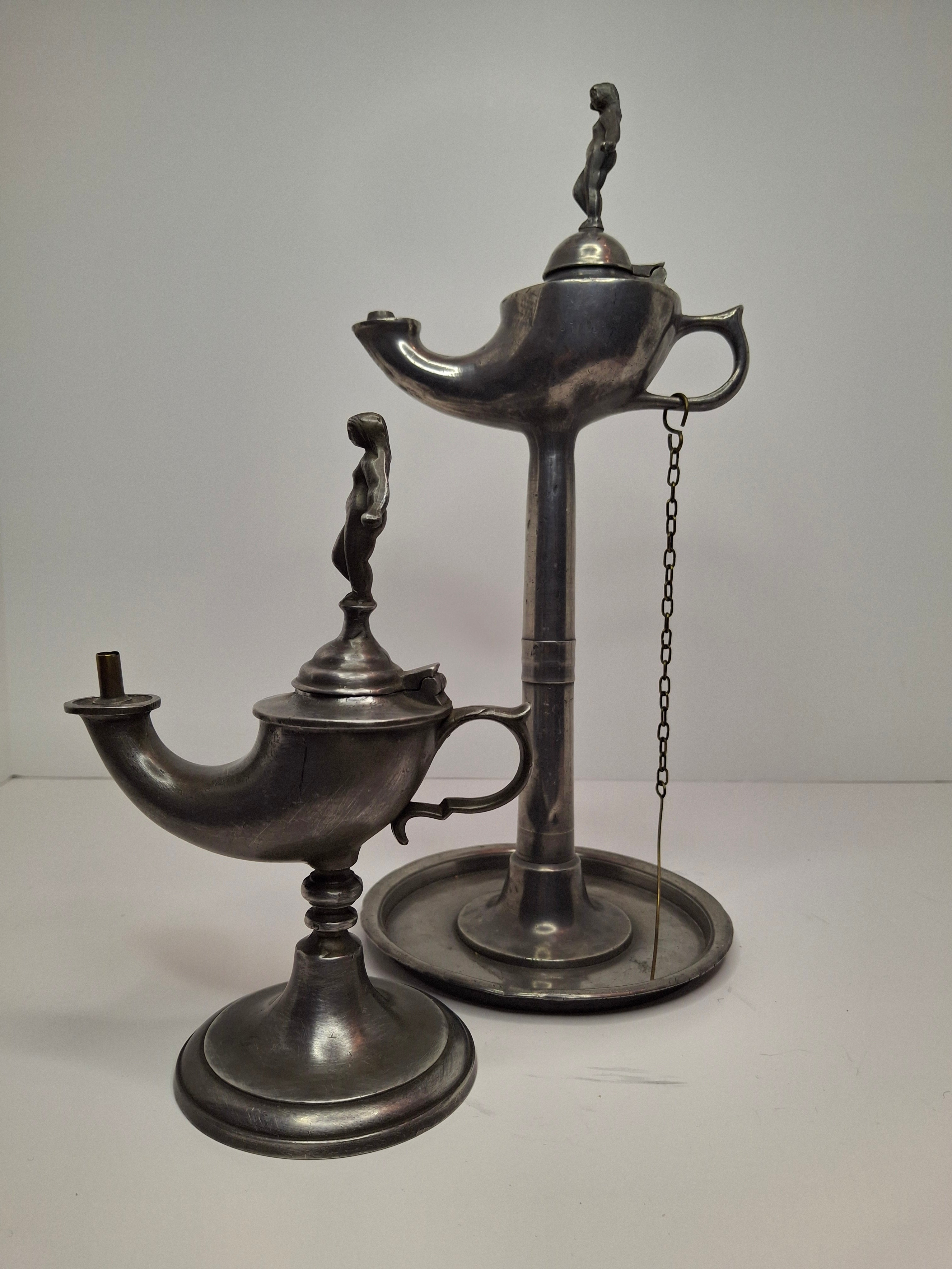 Lot of 2 - Antique 19th Century Pewter Whale Oil Fat Lamps with Figurine, Wick Pick - European