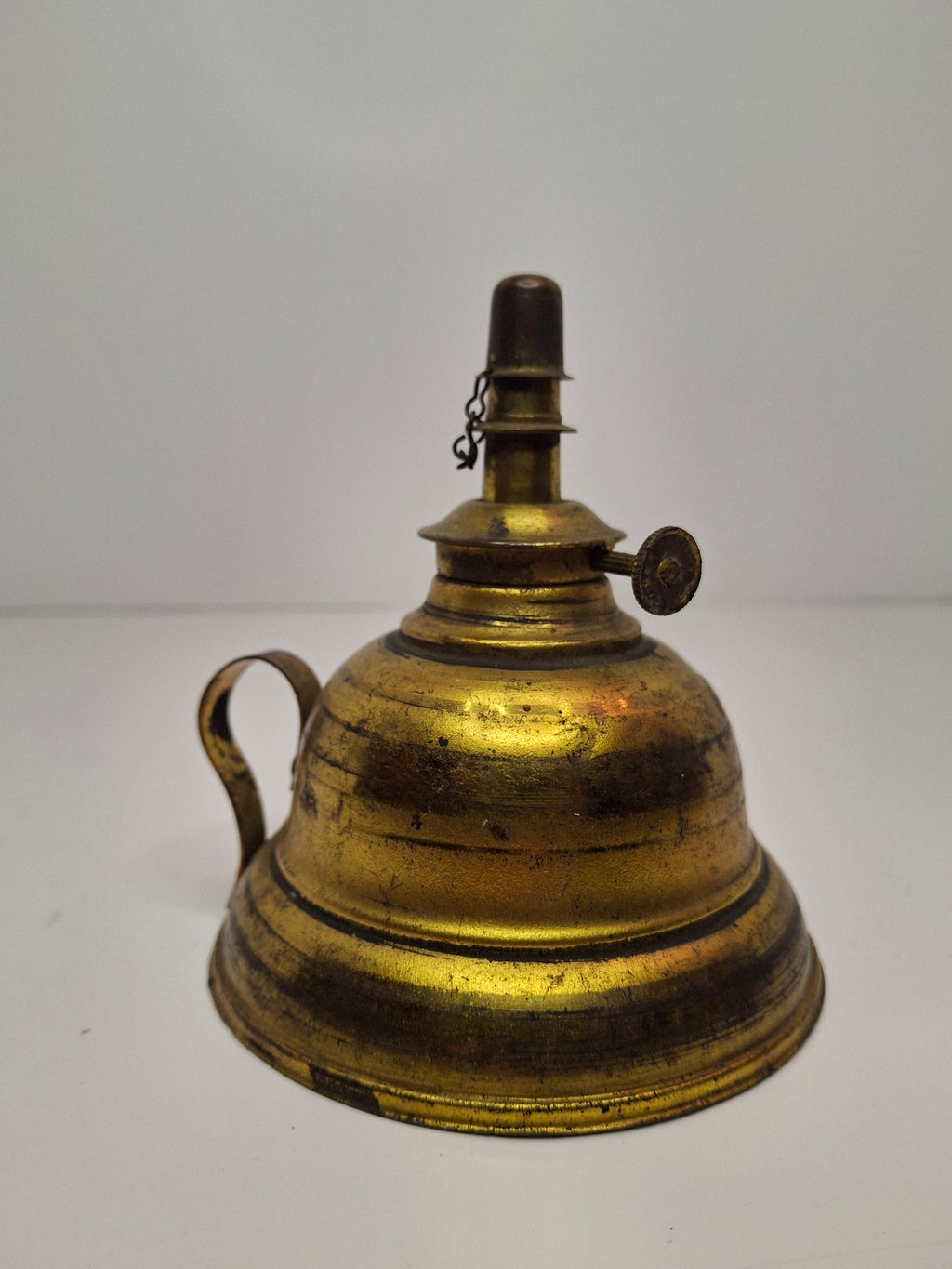 Rare Complete Late 19th Century Antique Brass Finger Lamp Original Round Wick Burner, Chain, Cap