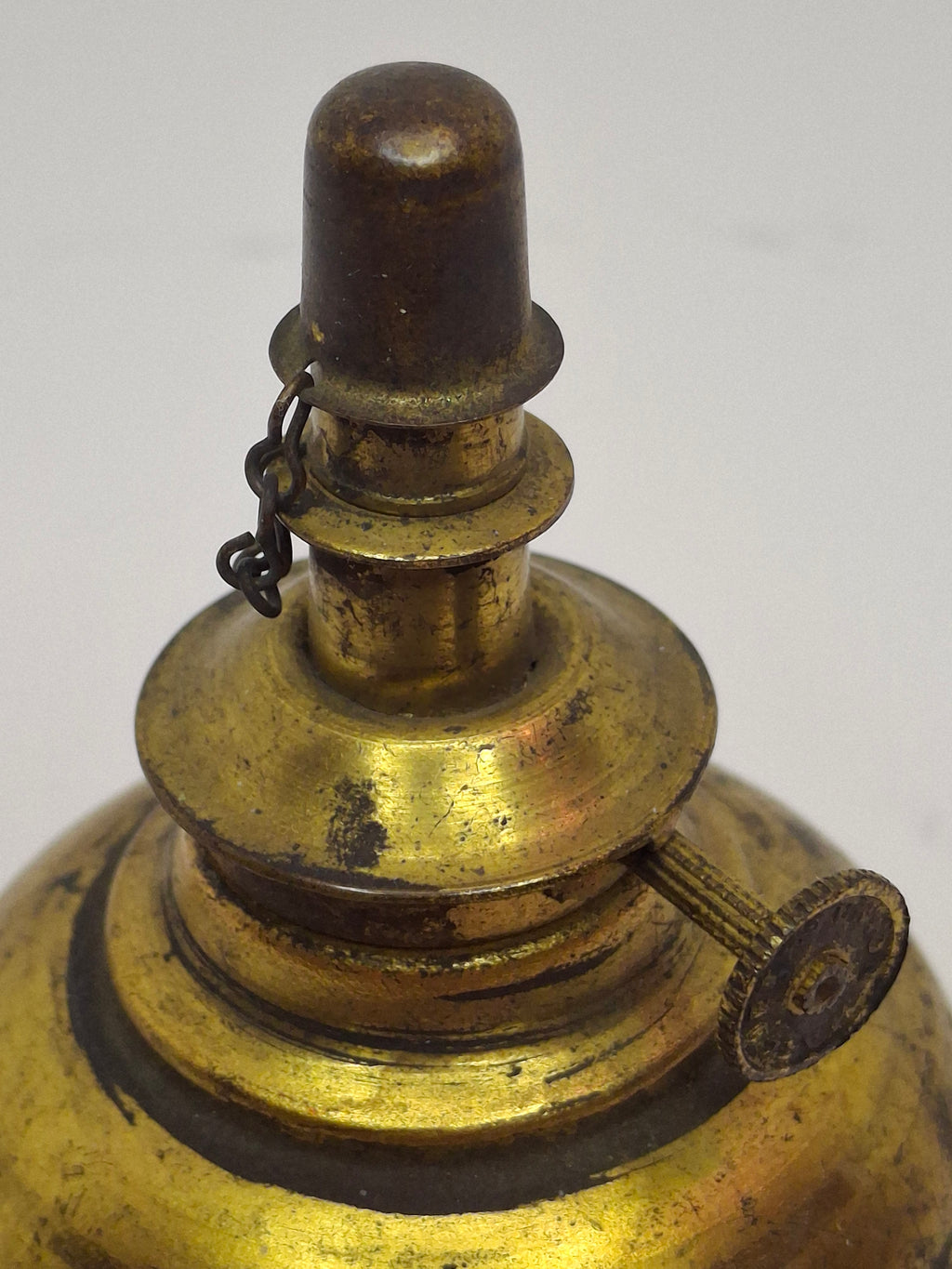Rare Complete Late 19th Century Antique Brass Finger Lamp Original Round Wick Burner, Chain, Cap