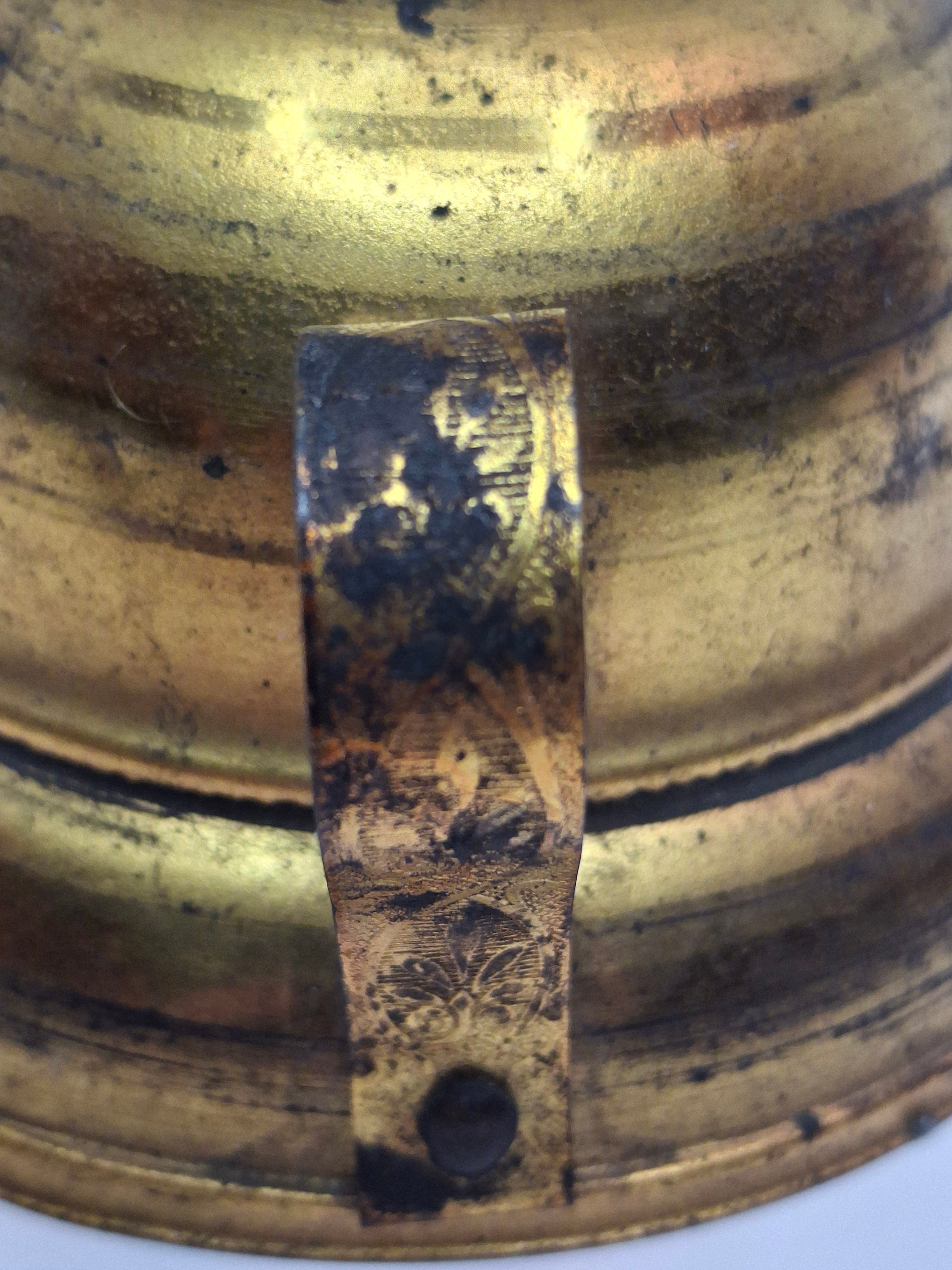 Rare Complete Late 19th Century Antique Brass Finger Lamp Original Round Wick Burner, Chain, Cap