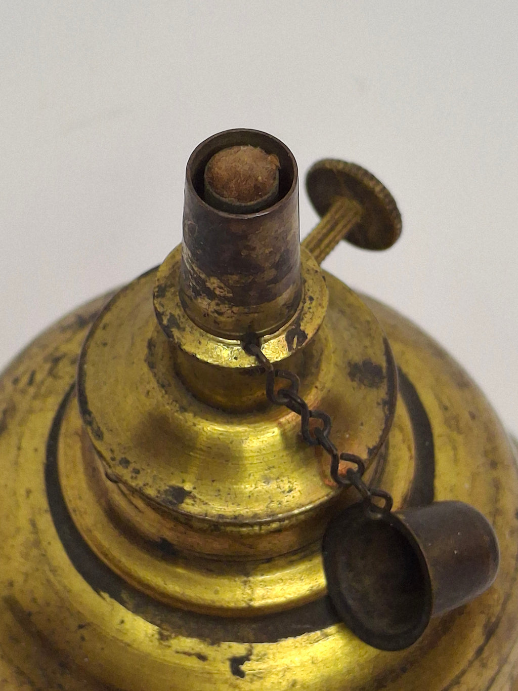 Rare Complete Late 19th Century Antique Brass Finger Lamp Original Round Wick Burner, Chain, Cap