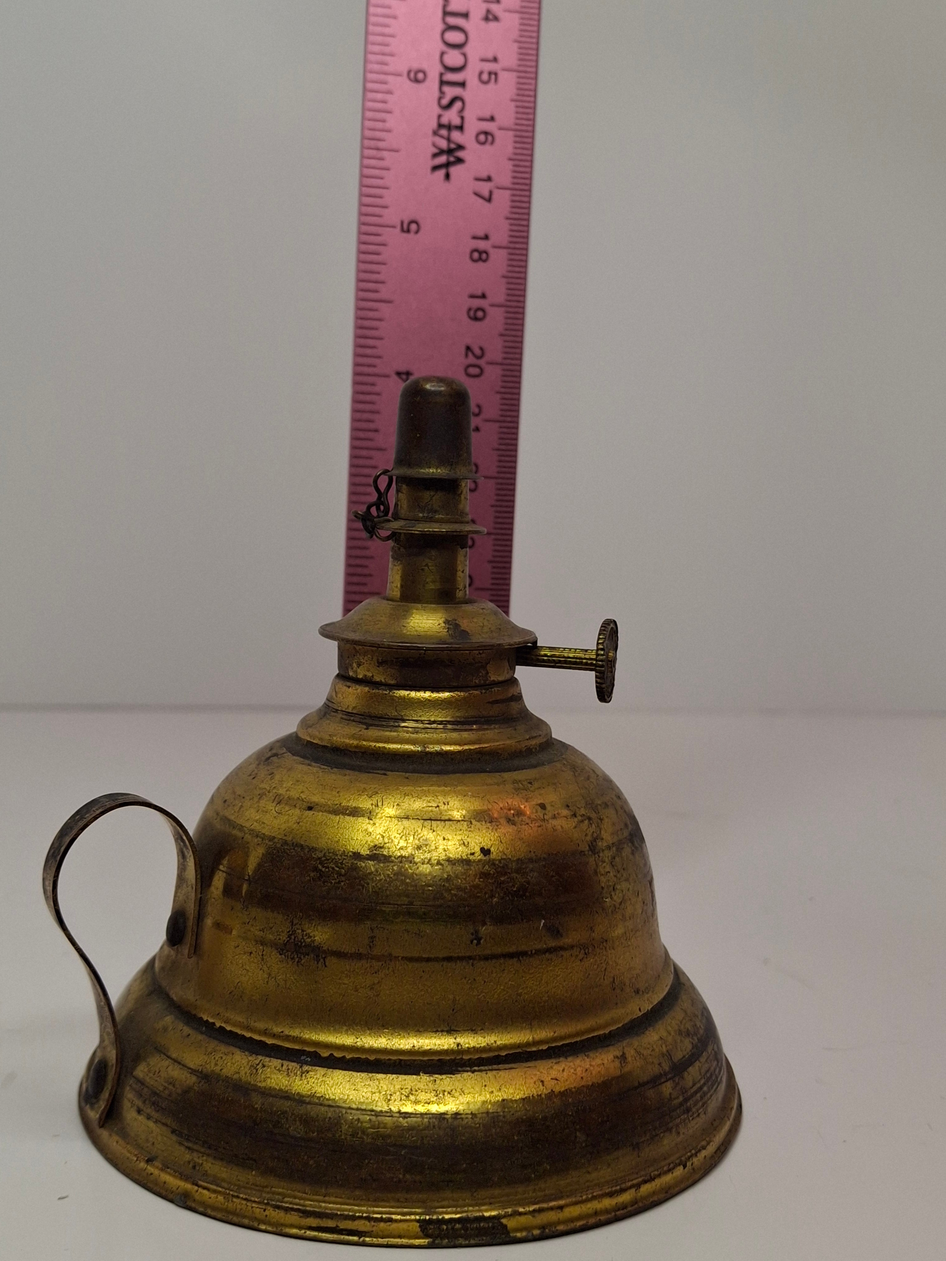 Rare Complete Late 19th Century Antique Brass Finger Lamp Original Round Wick Burner, Chain, Cap
