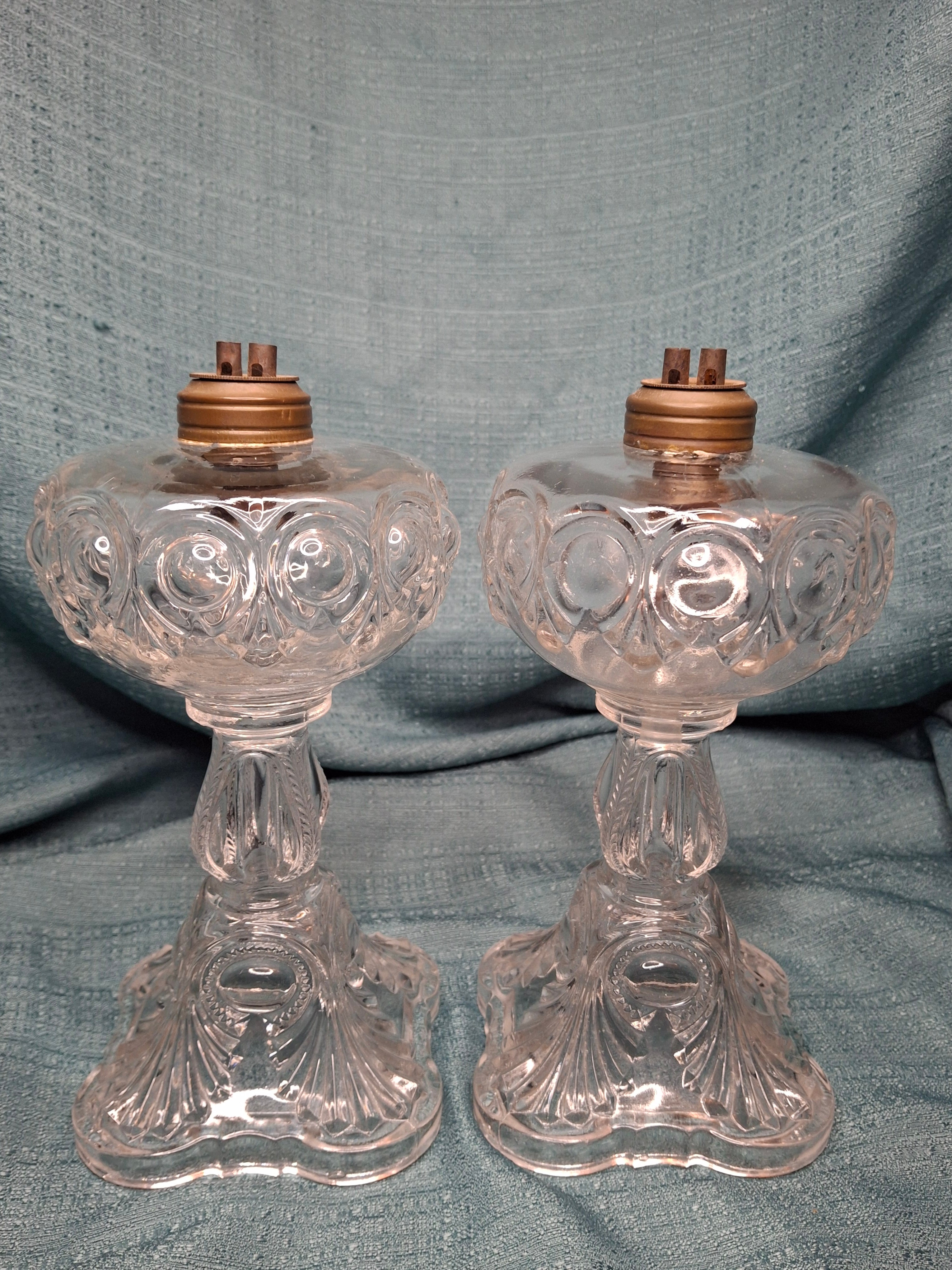 Antique 1850s Pressed Glass Whale Oil Lamps Pair – Bullseye & Loop Pattern
