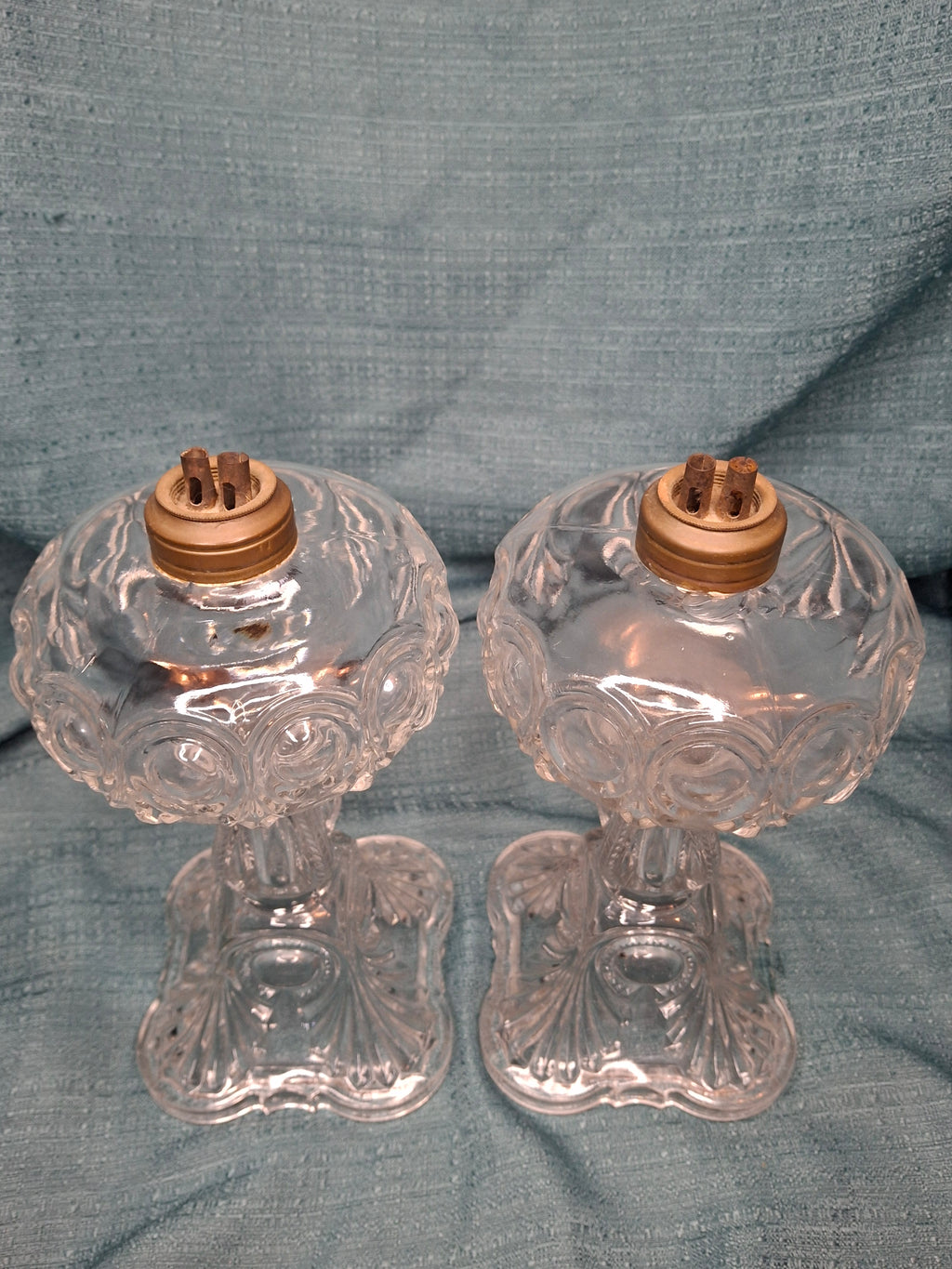 Antique 1850s Pressed Glass Whale Oil Lamps Pair – Bullseye & Loop Pattern