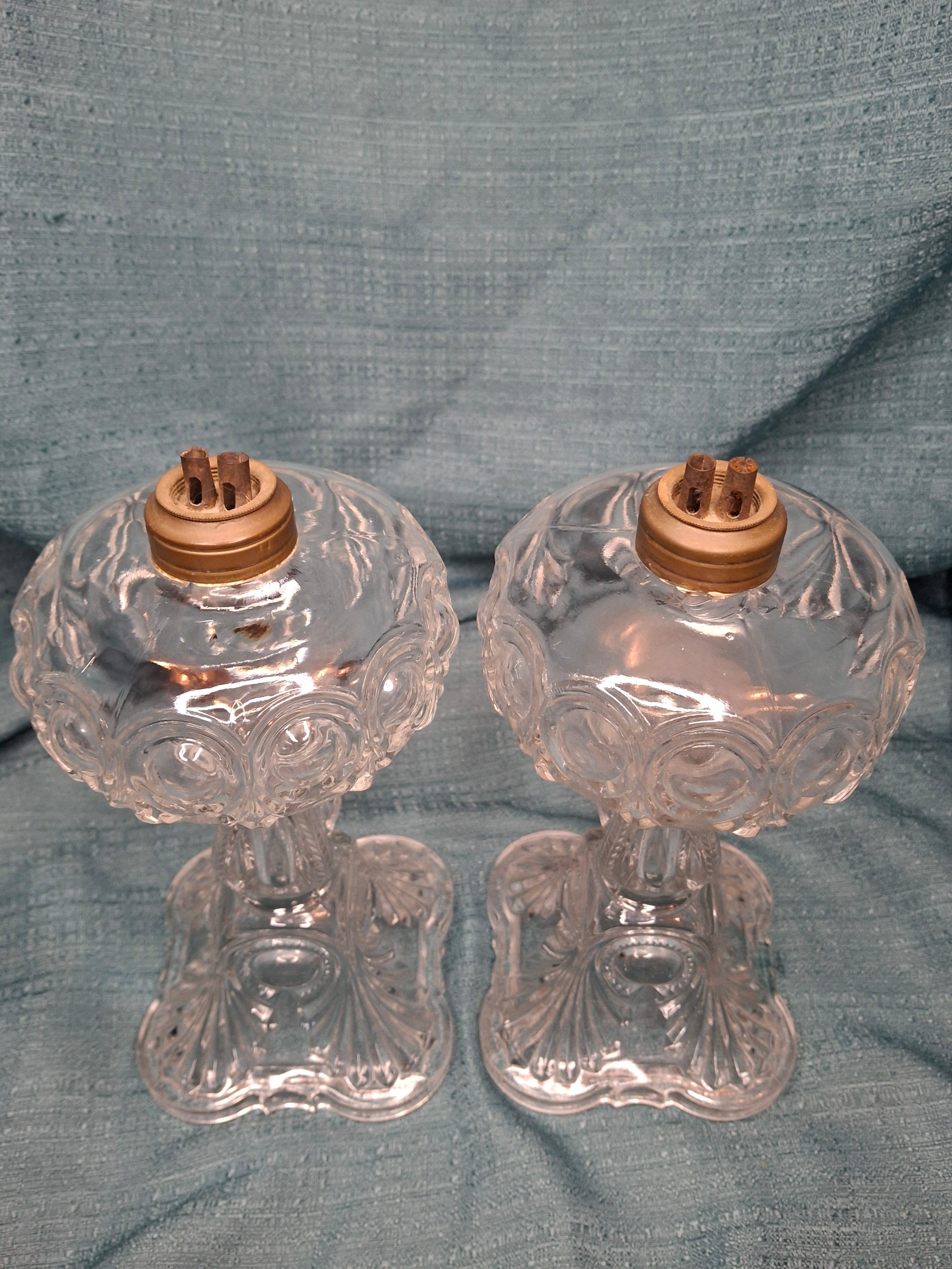 Antique 1850s Pressed Glass Whale Oil Lamps Pair – Bullseye & Loop Pattern