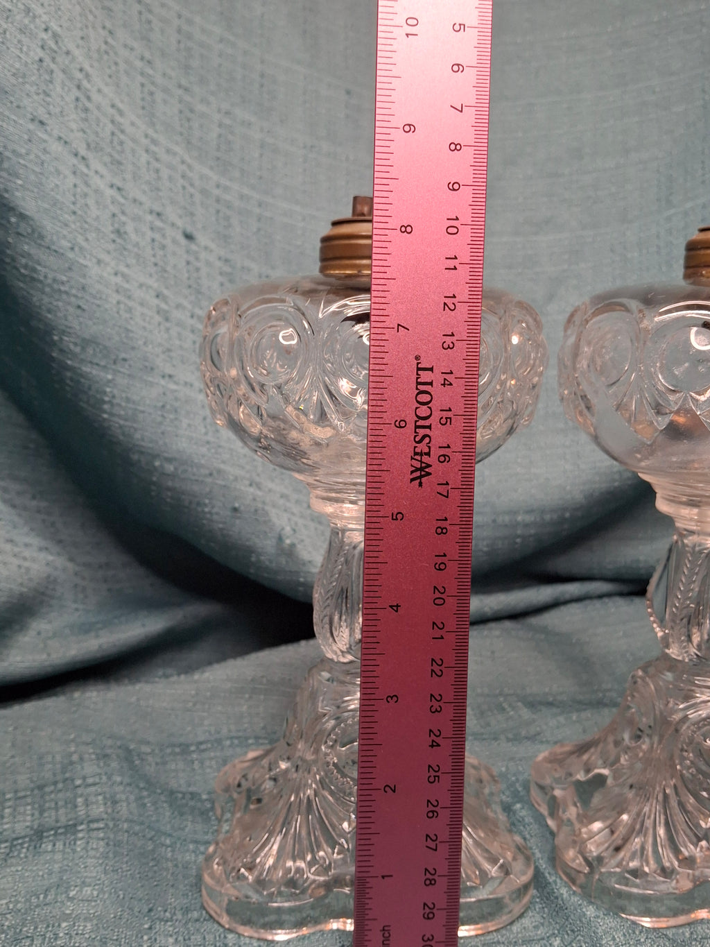 Antique 1850s Pressed Glass Whale Oil Lamps Pair – Bullseye & Loop Pattern