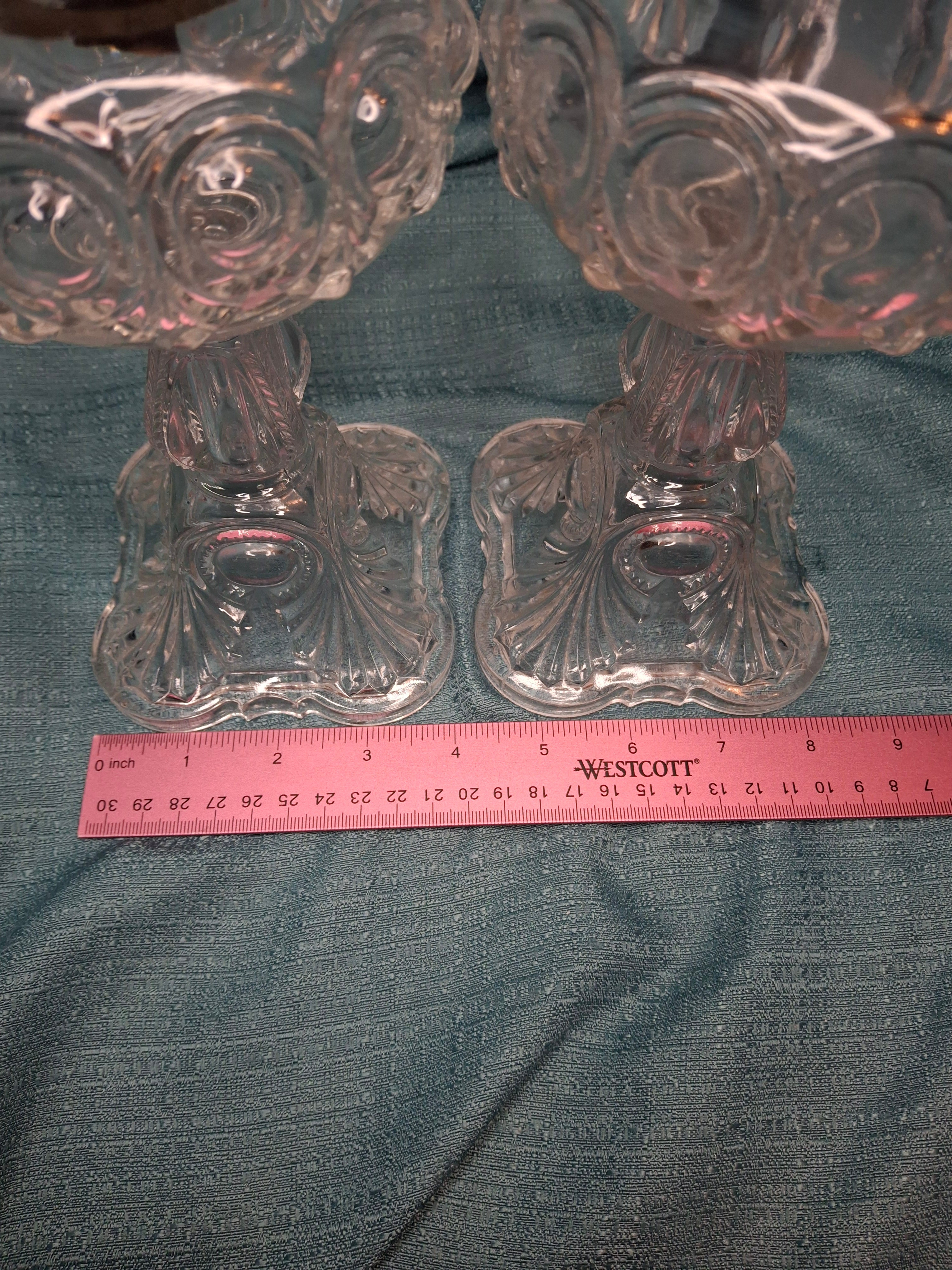 Antique 1850s Pressed Glass Whale Oil Lamps Pair – Bullseye & Loop Pattern