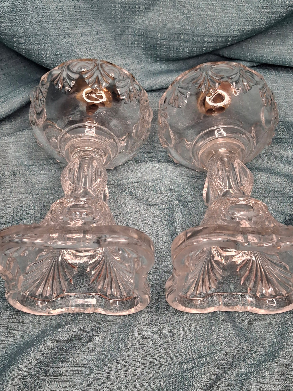 Antique 1850s Pressed Glass Whale Oil Lamps Pair – Bullseye & Loop Pattern