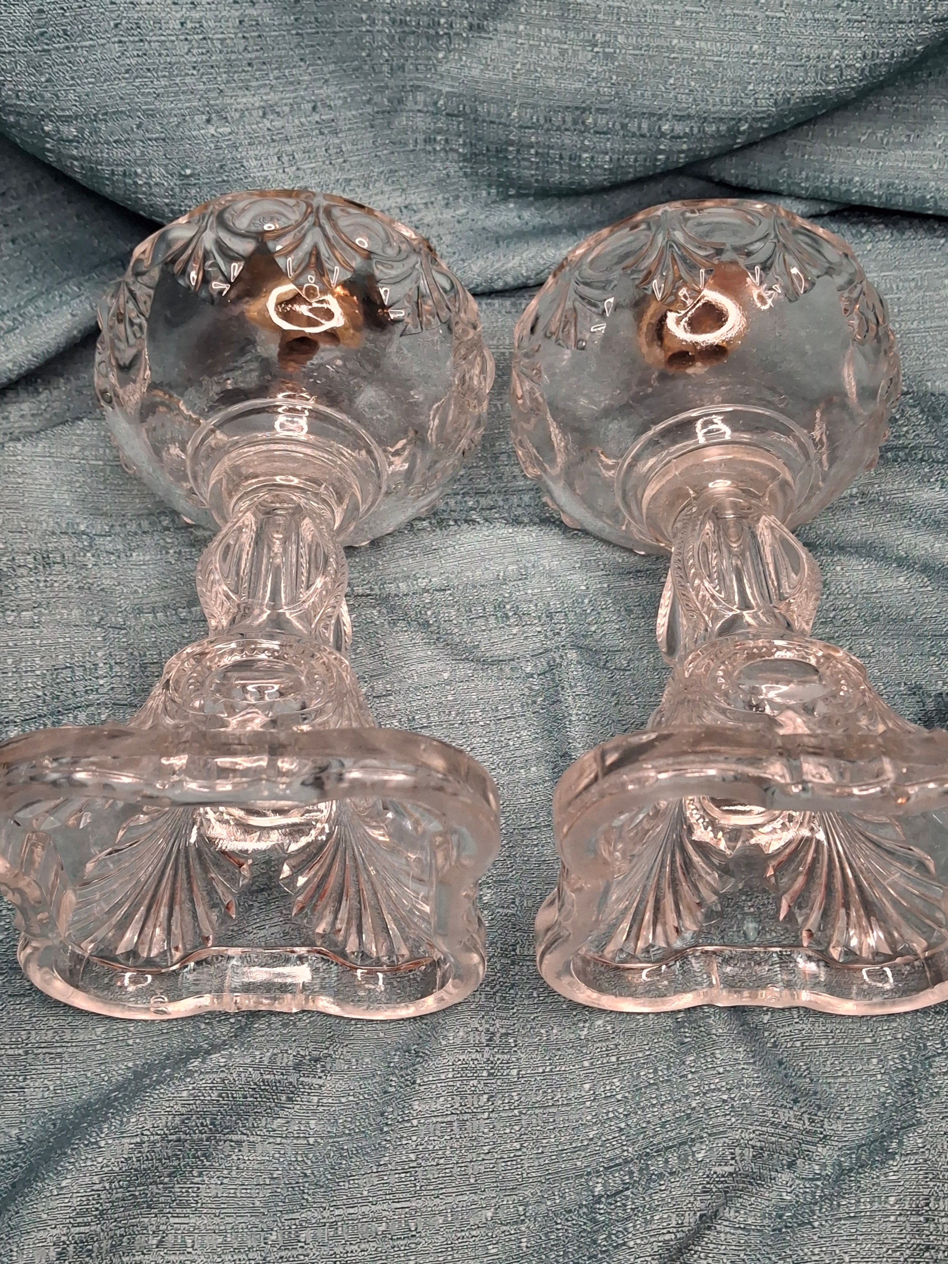 Antique 1850s Pressed Glass Whale Oil Lamps Pair – Bullseye & Loop Pattern