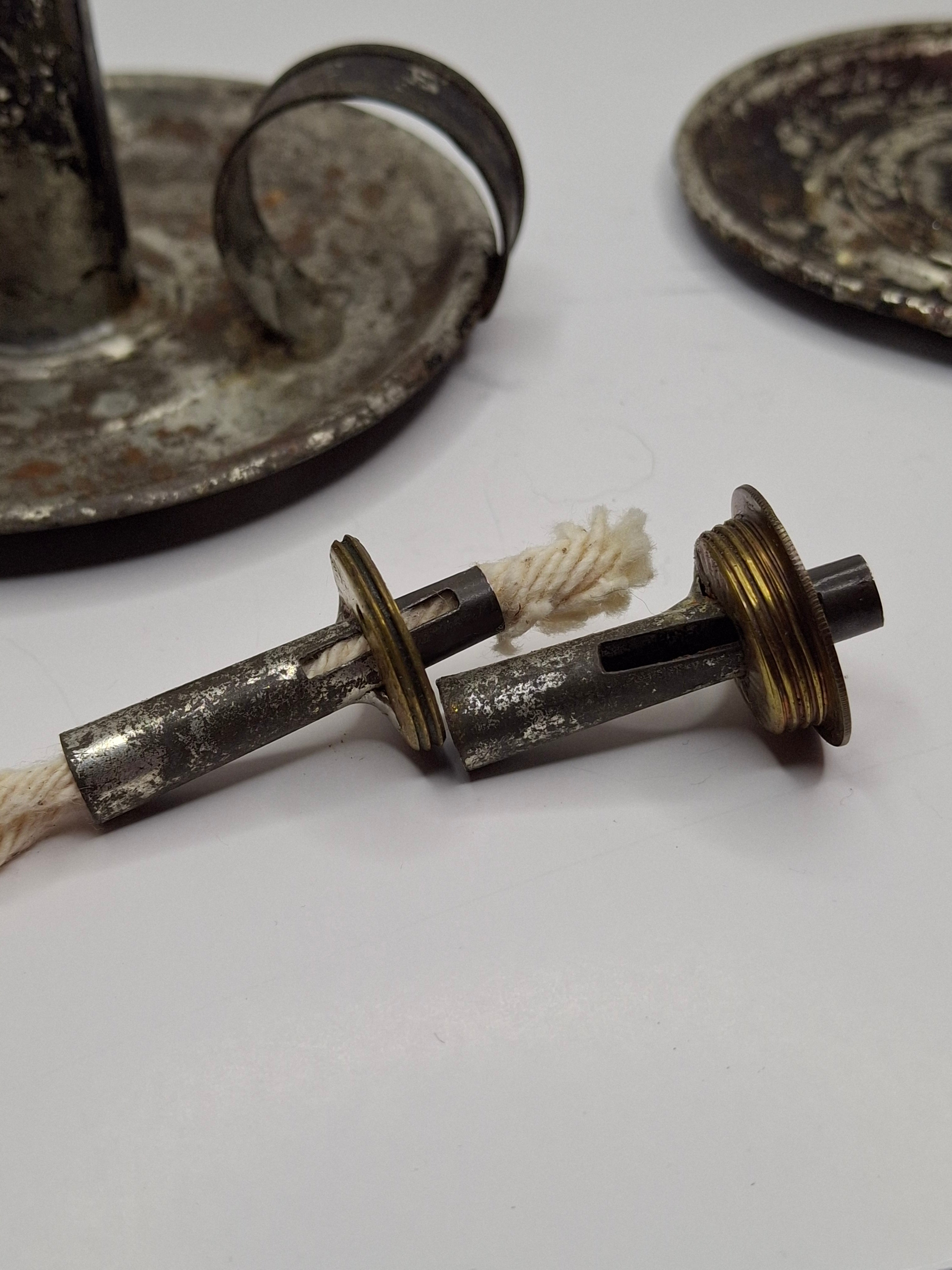 Pair of Mid-19th Century Primitive American Tin Whale Oil Chamber Lamps (Second Lot)