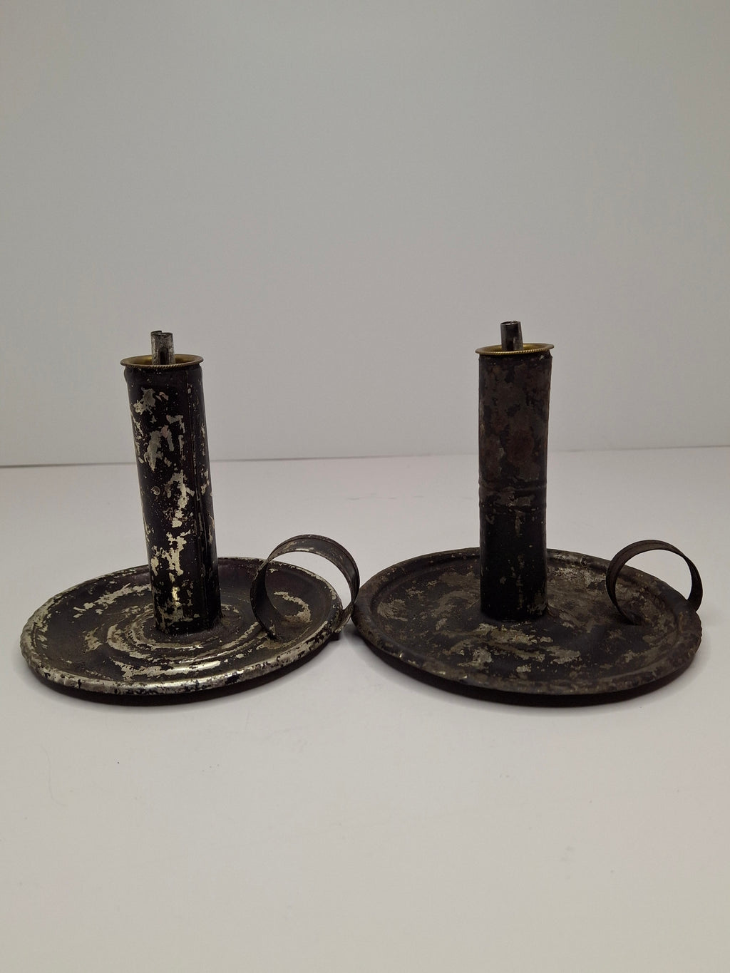 Pair of Mid-19th Century Primitive American Tin Whale Oil Chamber Lamps