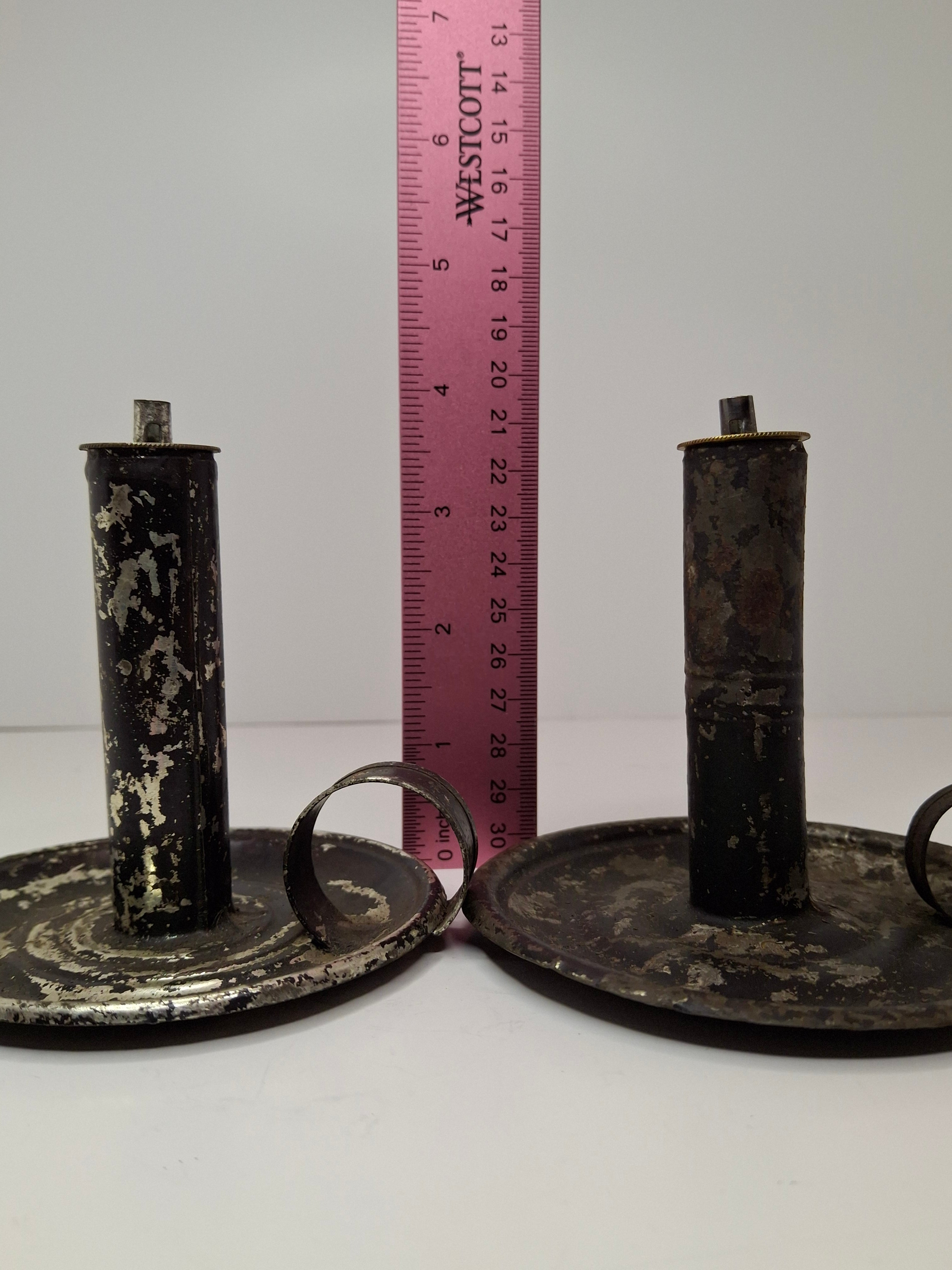 Pair of Mid-19th Century Primitive American Tin Whale Oil Chamber Lamps
