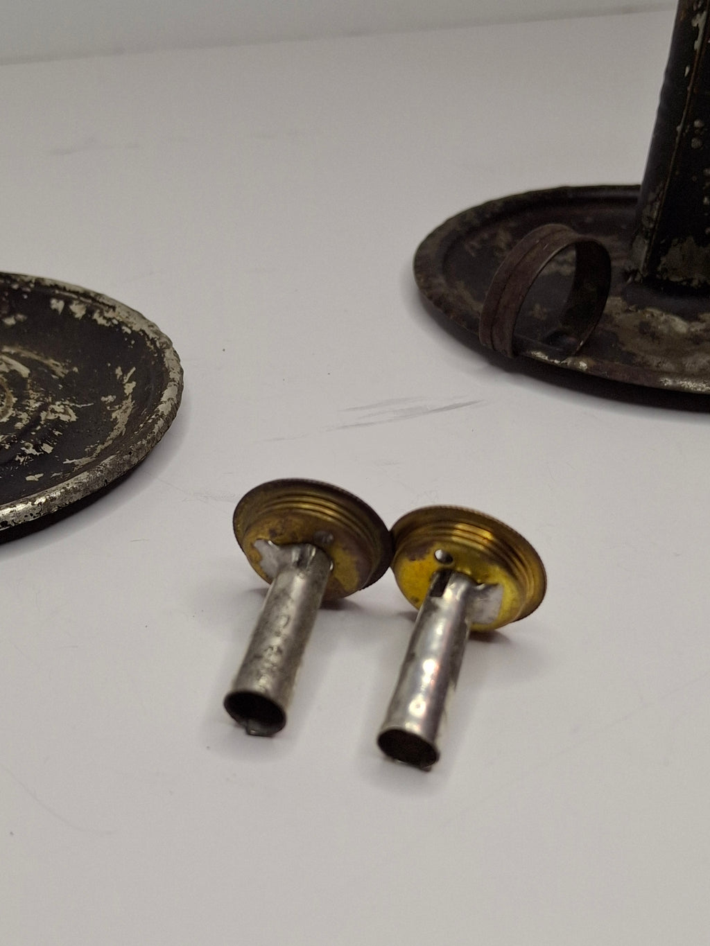 Pair of Mid-19th Century Primitive American Tin Whale Oil Chamber Lamps