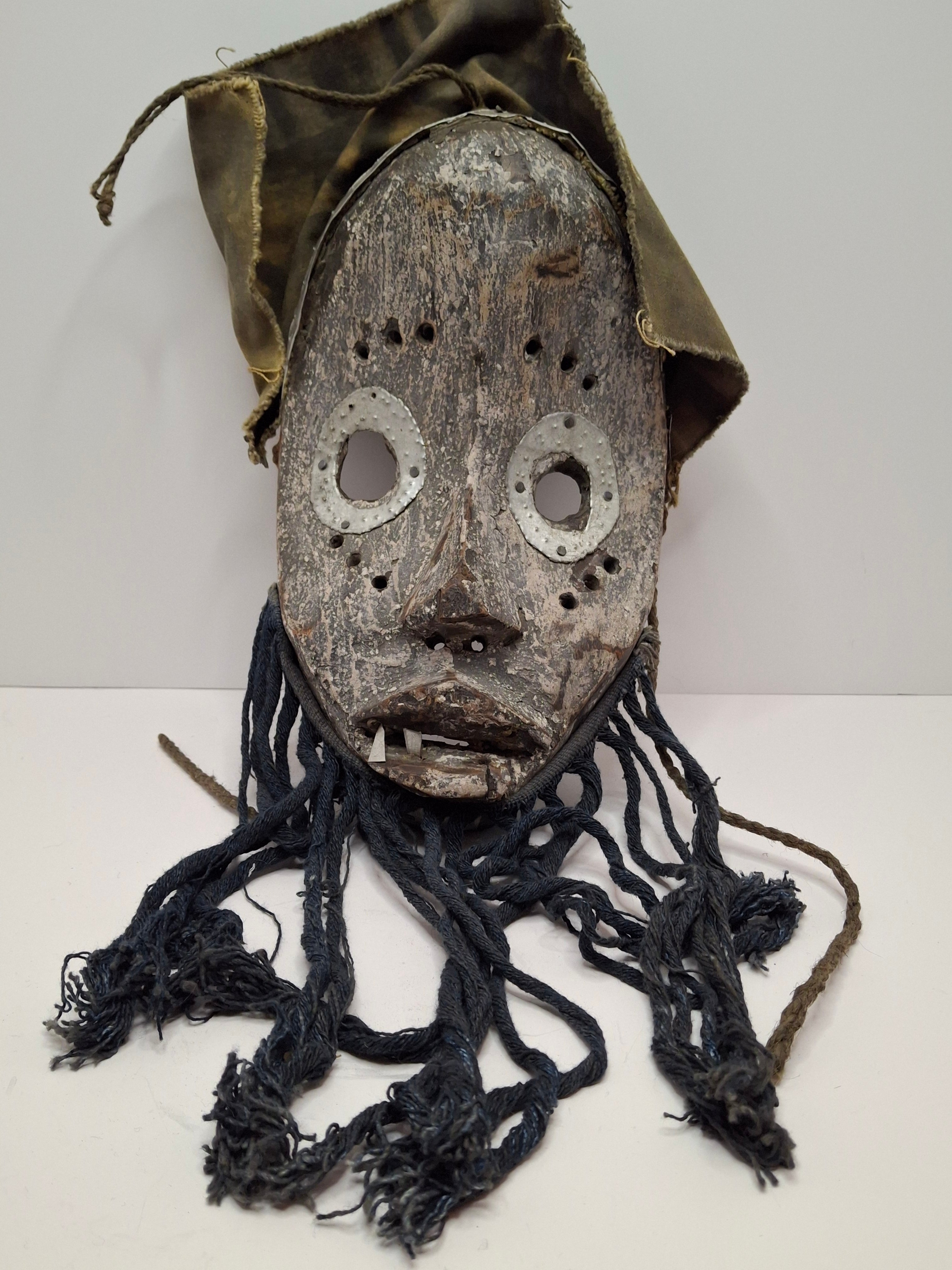 Antique African Marka Mask Mali - Hand Carved Wood Brass Overlay Fiber Beard 19th/20th C. - Authentic Tribal Art Bambara Influence