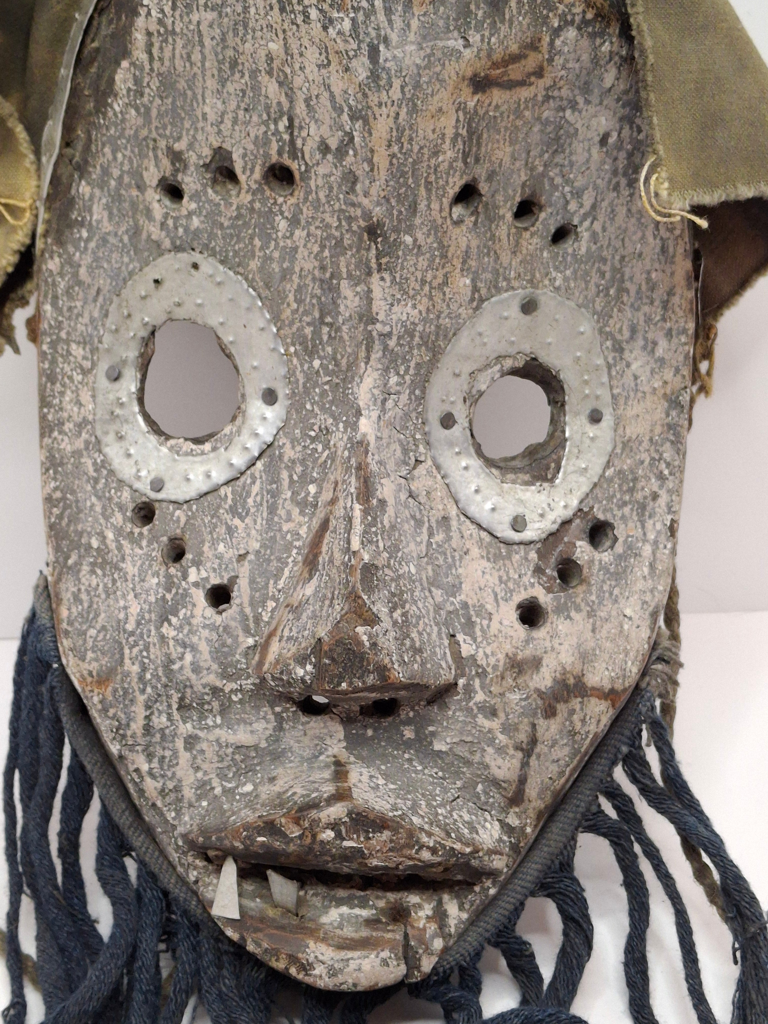 Antique African Marka Mask Mali - Hand Carved Wood Brass Overlay Fiber Beard 19th/20th C. - Authentic Tribal Art Bambara Influence