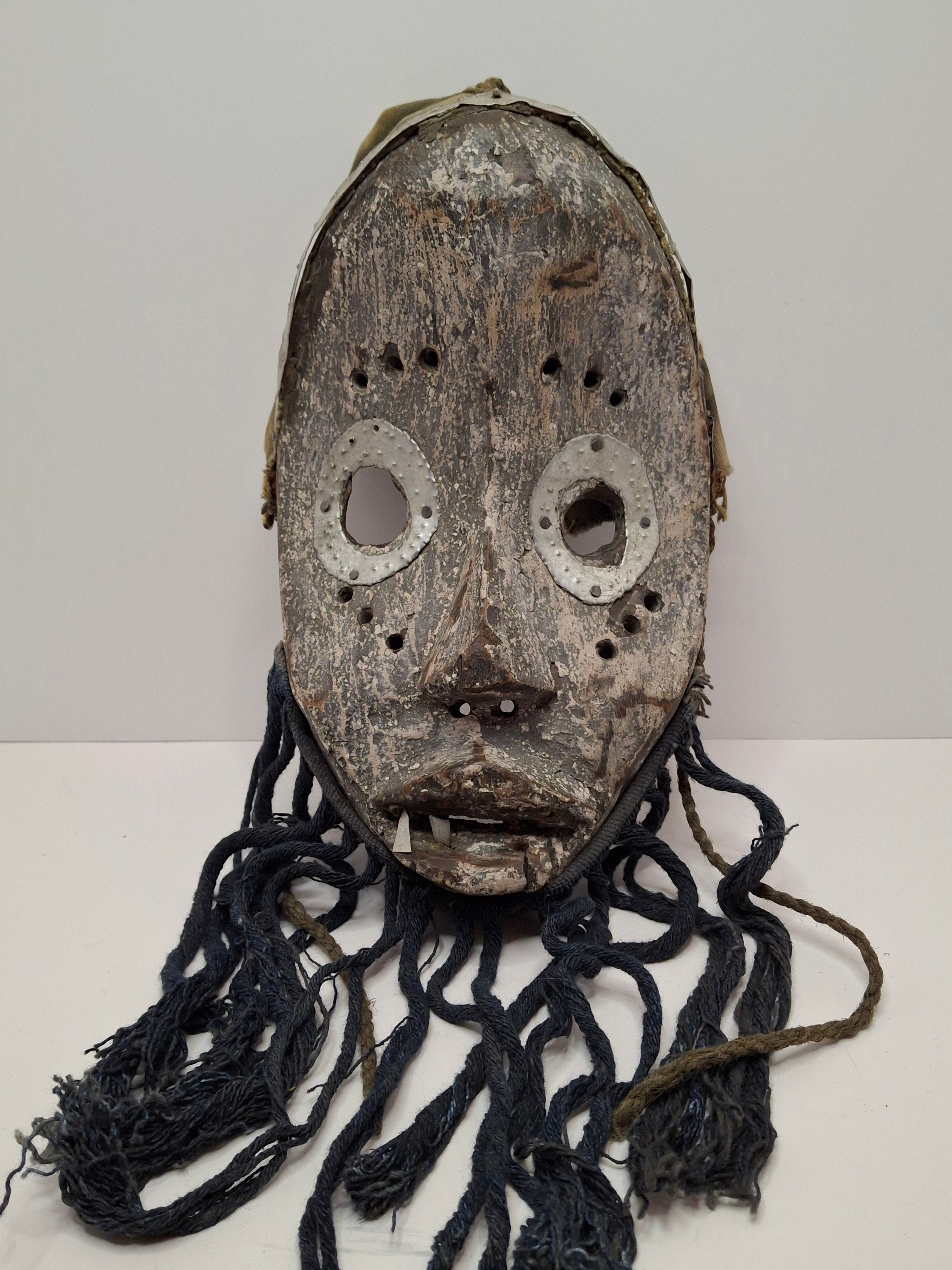 Antique African Marka Mask Mali - Hand Carved Wood Brass Overlay Fiber Beard 19th/20th C. - Authentic Tribal Art Bambara Influence
