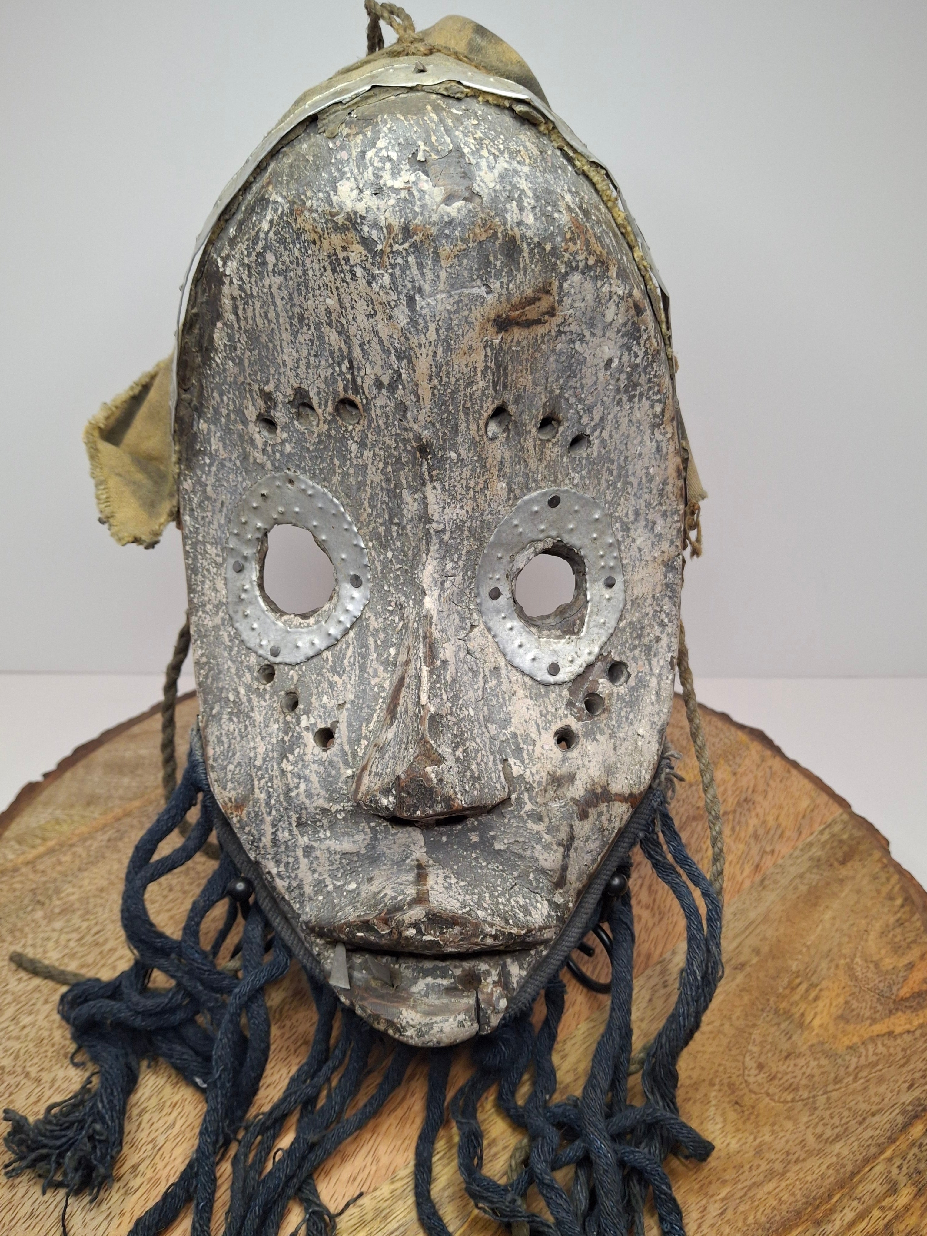 Antique African Marka Mask Mali - Hand Carved Wood Brass Overlay Fiber Beard 19th/20th C. - Authentic Tribal Art Bambara Influence