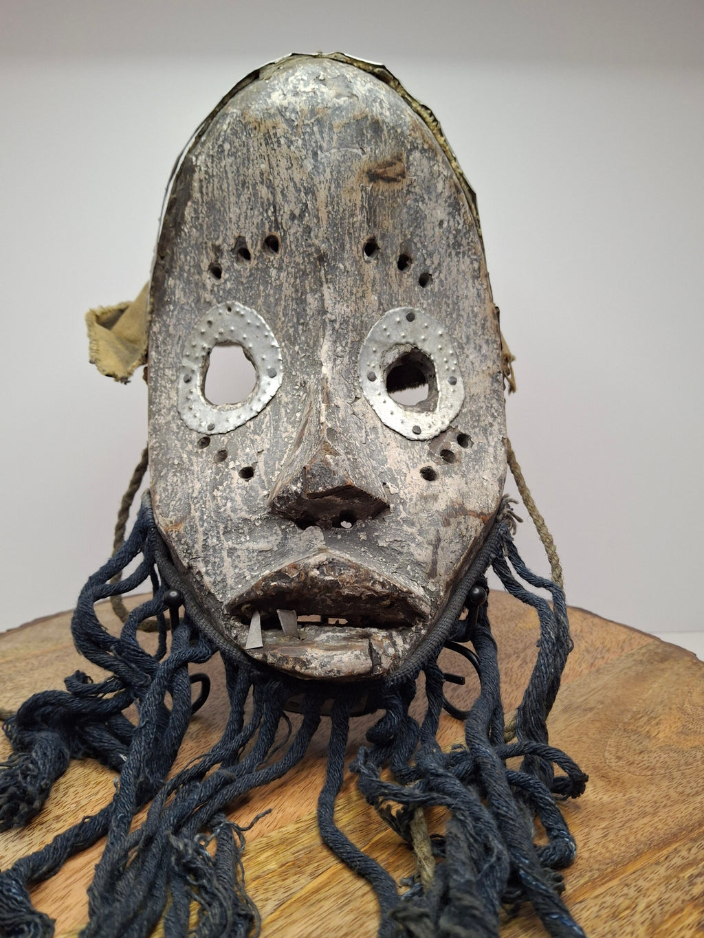 Antique African Marka Mask Mali - Hand Carved Wood Brass Overlay Fiber Beard 19th/20th C. - Authentic Tribal Art Bambara Influence