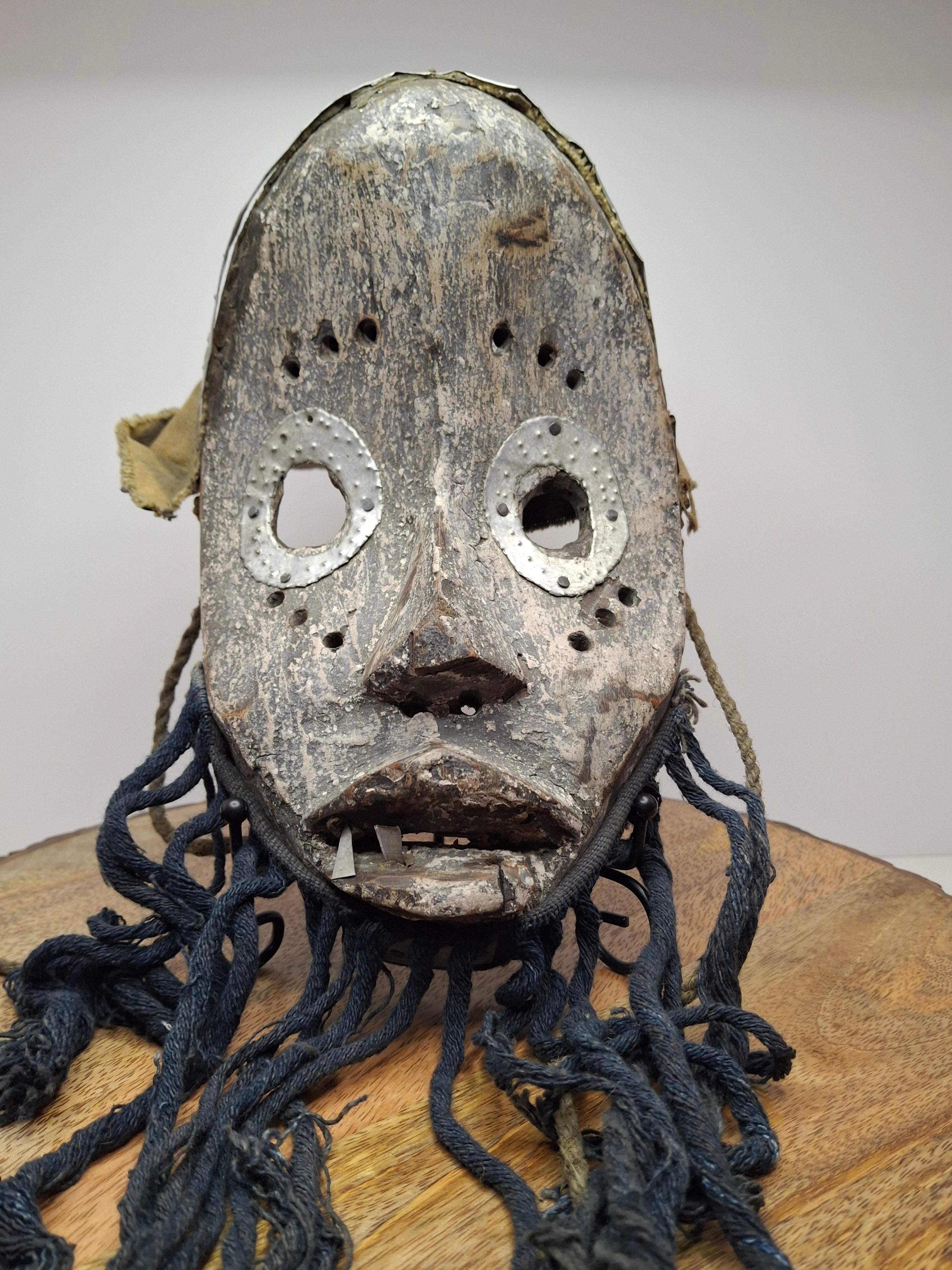 Antique African Marka Mask Mali - Hand Carved Wood Brass Overlay Fiber Beard 19th/20th C. - Authentic Tribal Art Bambara Influence